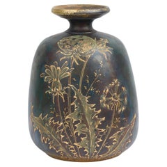 Vintage Ceramic Raised Gold Dandelion Motif and Oxidized Glaze Ceramic Vase