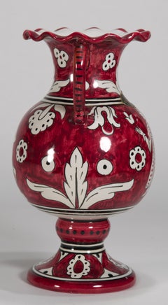 Vintage Ceramic Red Urn with Handles Jester Musician Decor Italy 1950s