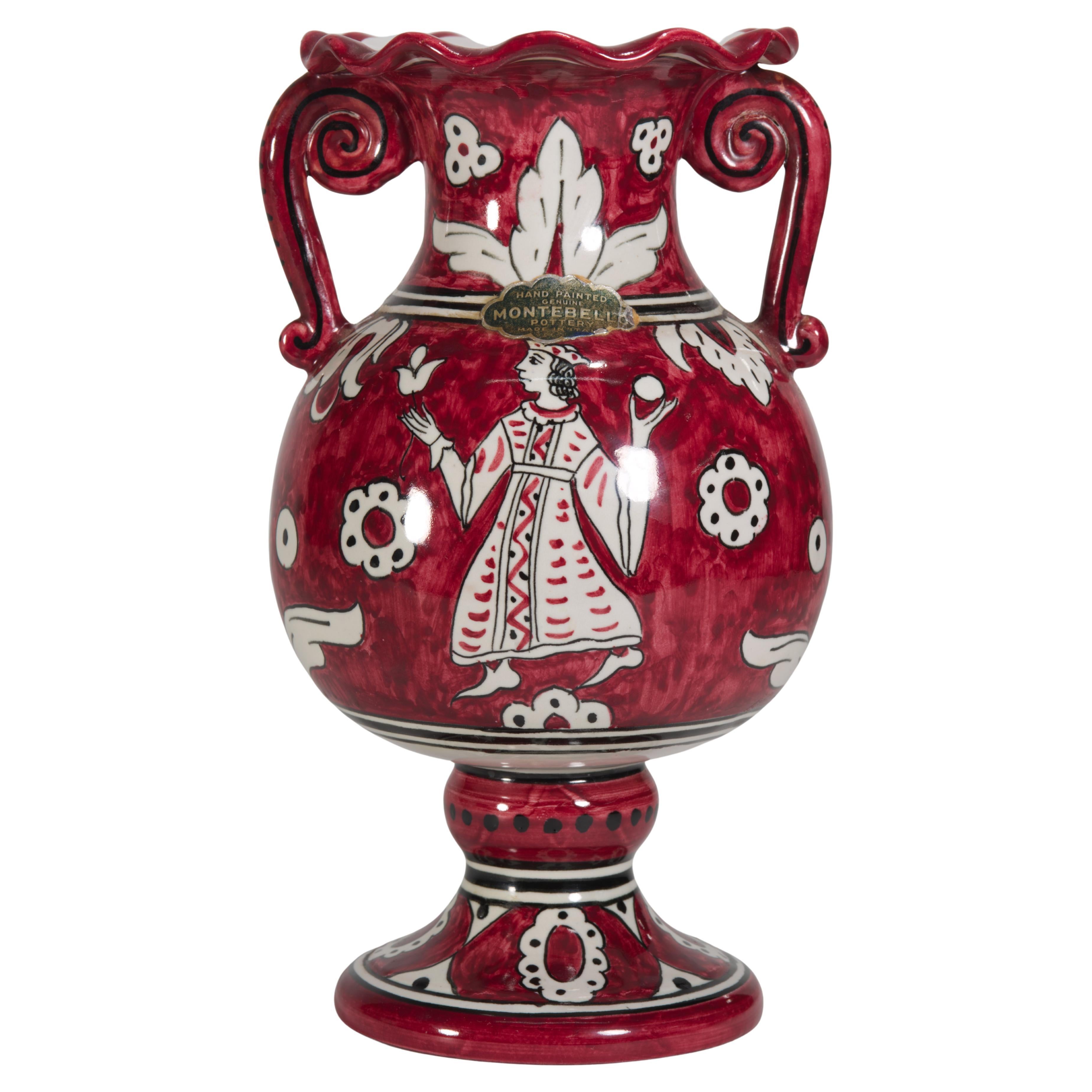 Urna rossa in ceramica d'epoca con manici Giullare Musicista Decor Italia anni '50 in vendita