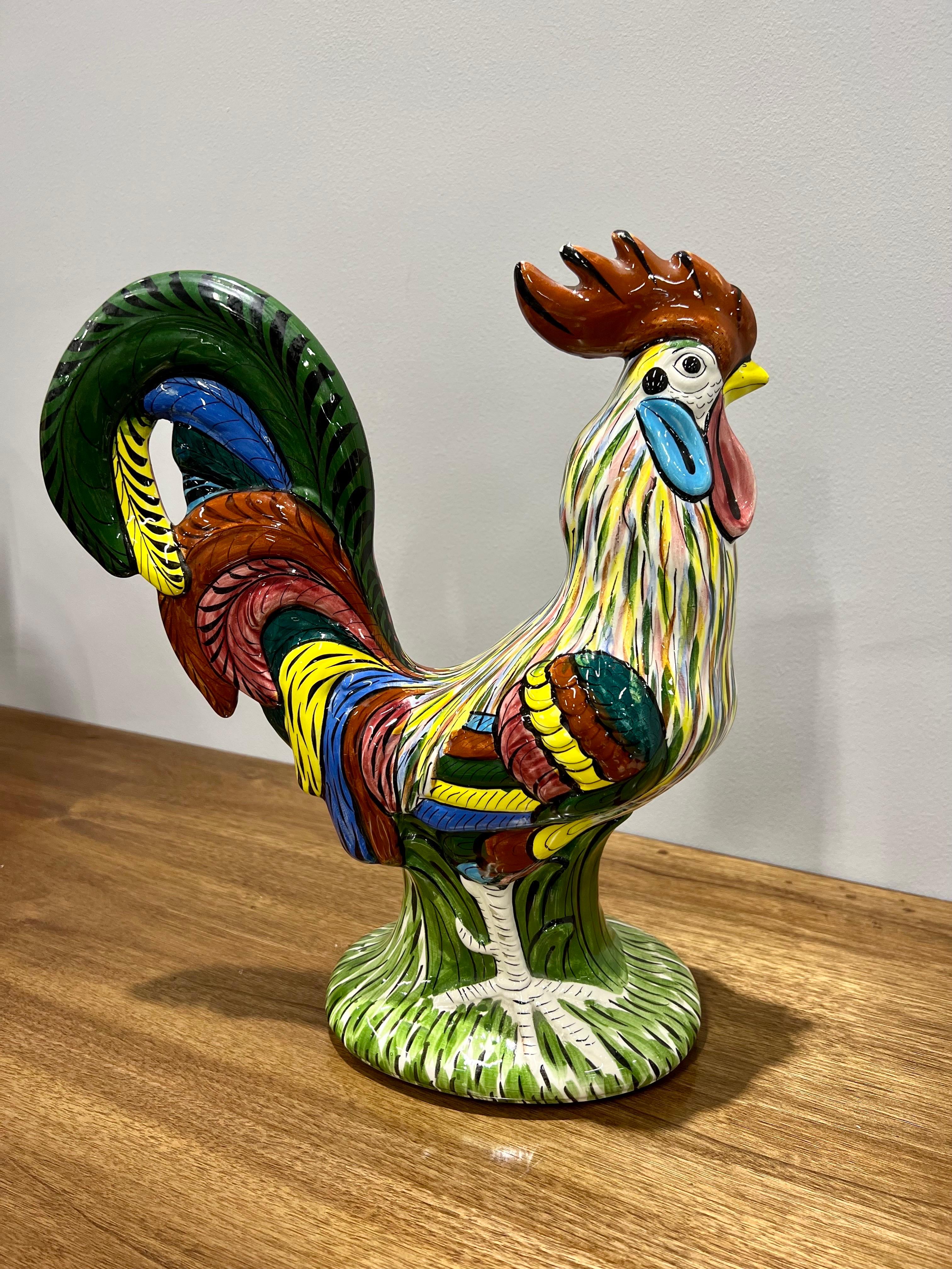 Exquisite glazed ceramic roosterd. Designed and hand painted by Mexican ceramist and artist Noe Suro at his Workshop in Tlaquepaque, Jalisco, in the early seventies.
