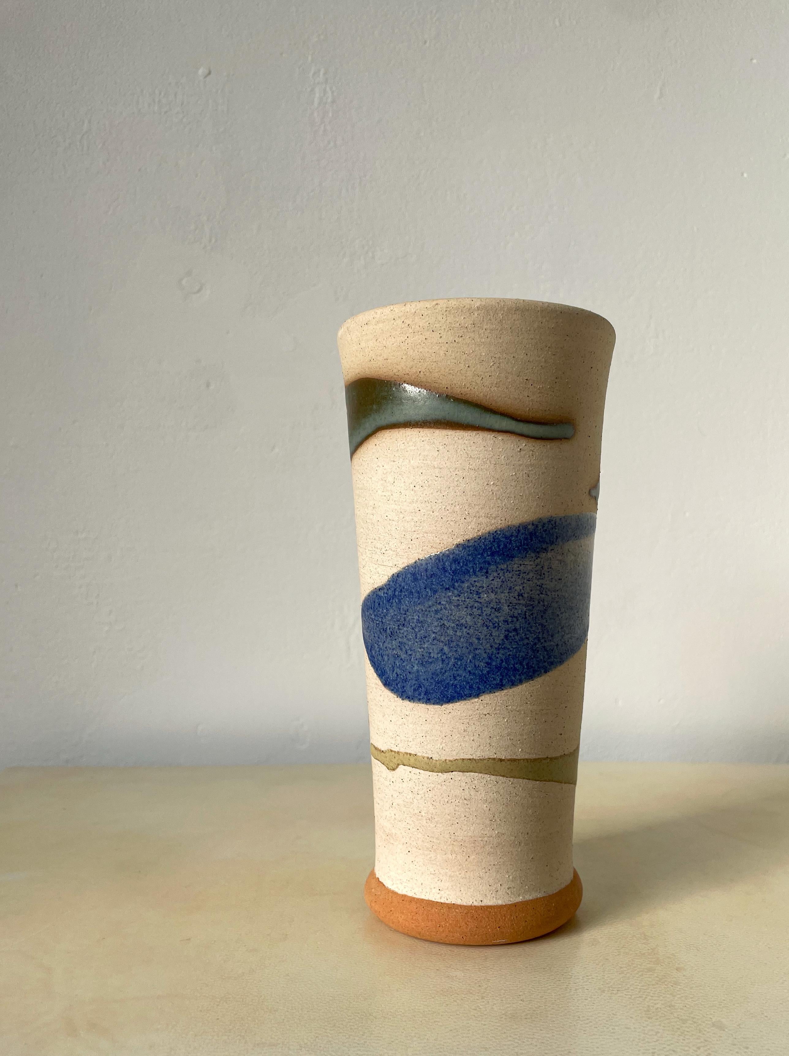 Mid-Century Modern Vintage Ceramic Rustic Vase with Blue Green Decor, Denmark, 1990s For Sale