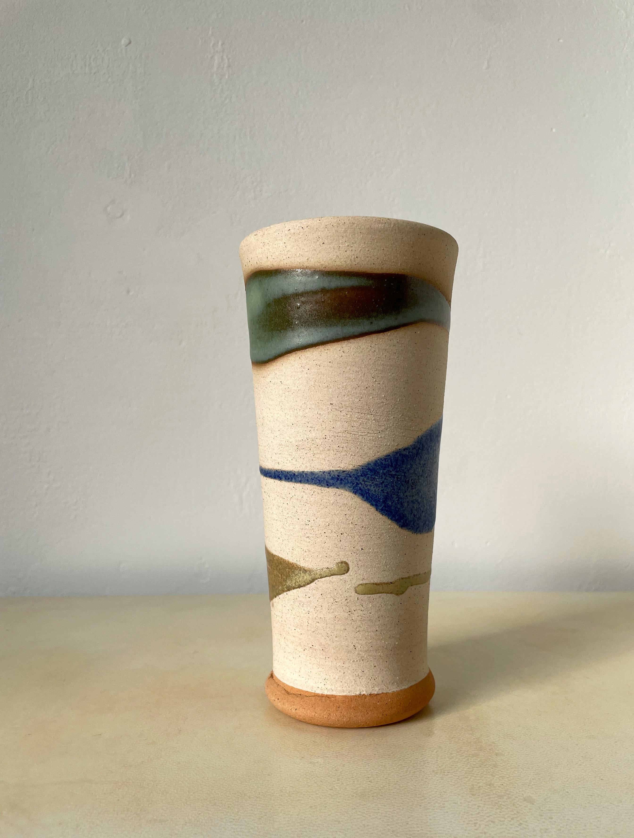 Danish Vintage Ceramic Rustic Vase with Blue Green Decor, Denmark, 1990s For Sale