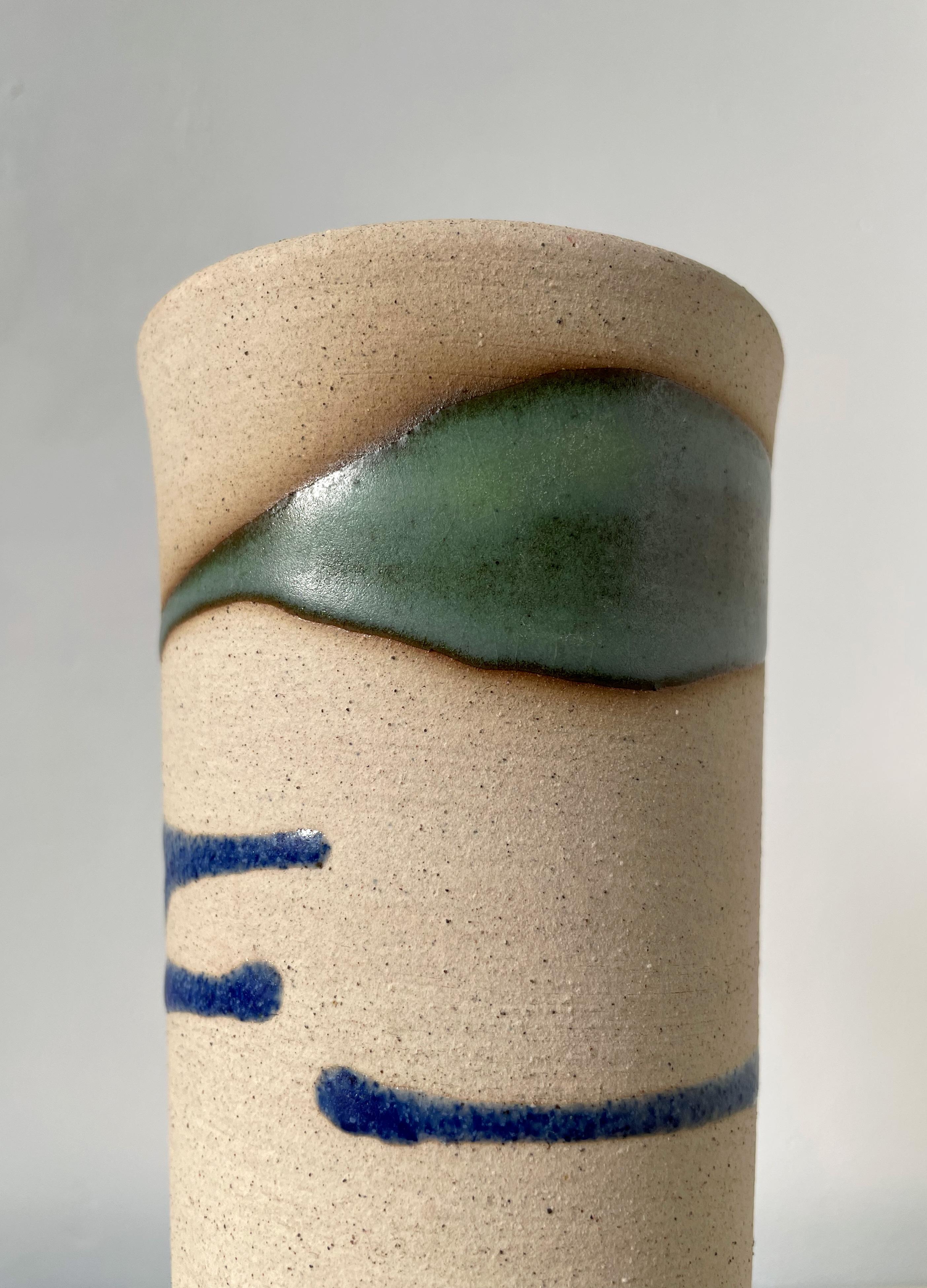 Vintage Ceramic Rustic Vase with Blue Green Decor, Denmark, 1990s In Good Condition For Sale In Copenhagen, DK