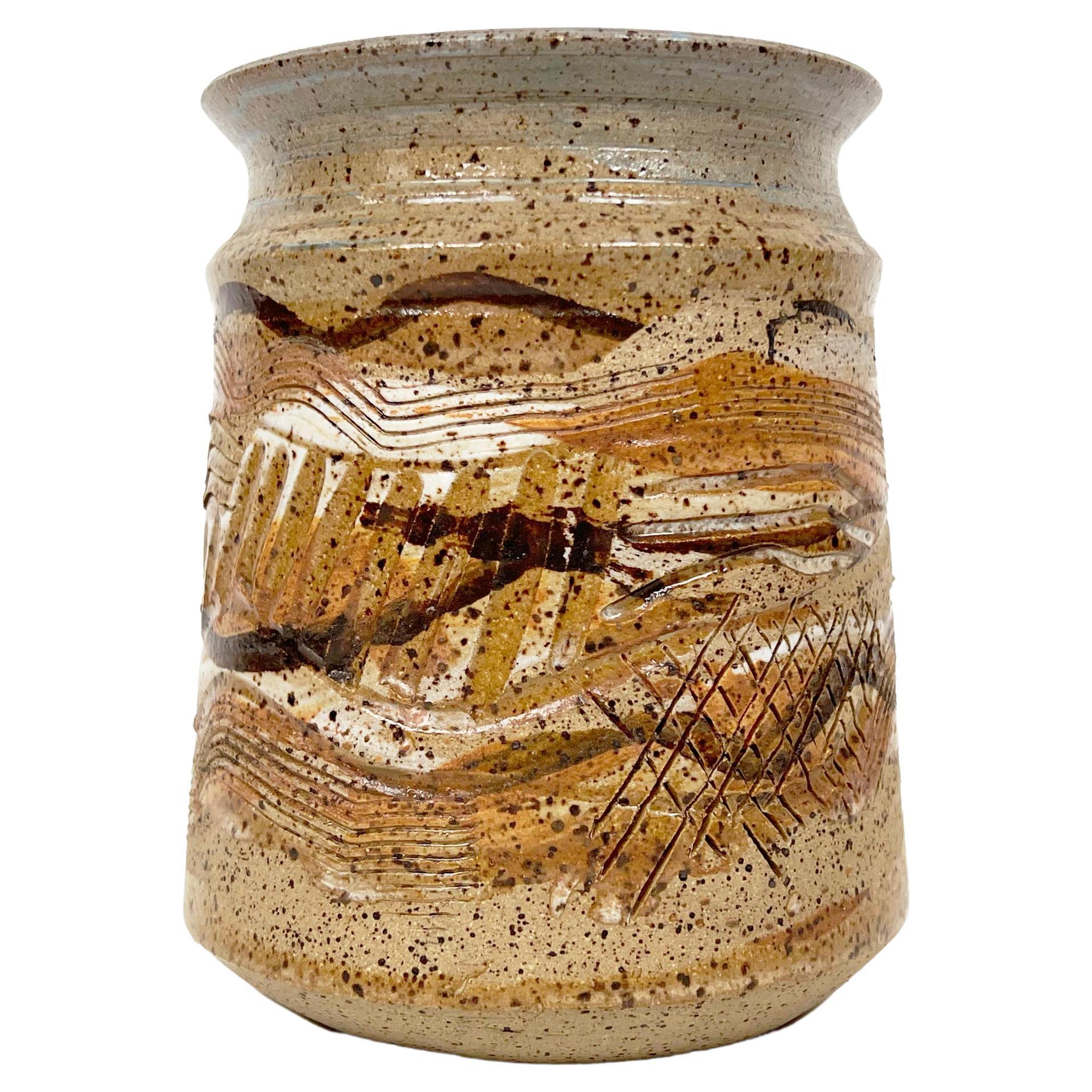 Vintage Ceramic Stoneware Vase with Tool Marks
