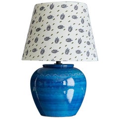 Vintage Ceramic Table Lamp in Blue Glaze with Delicate Pattern