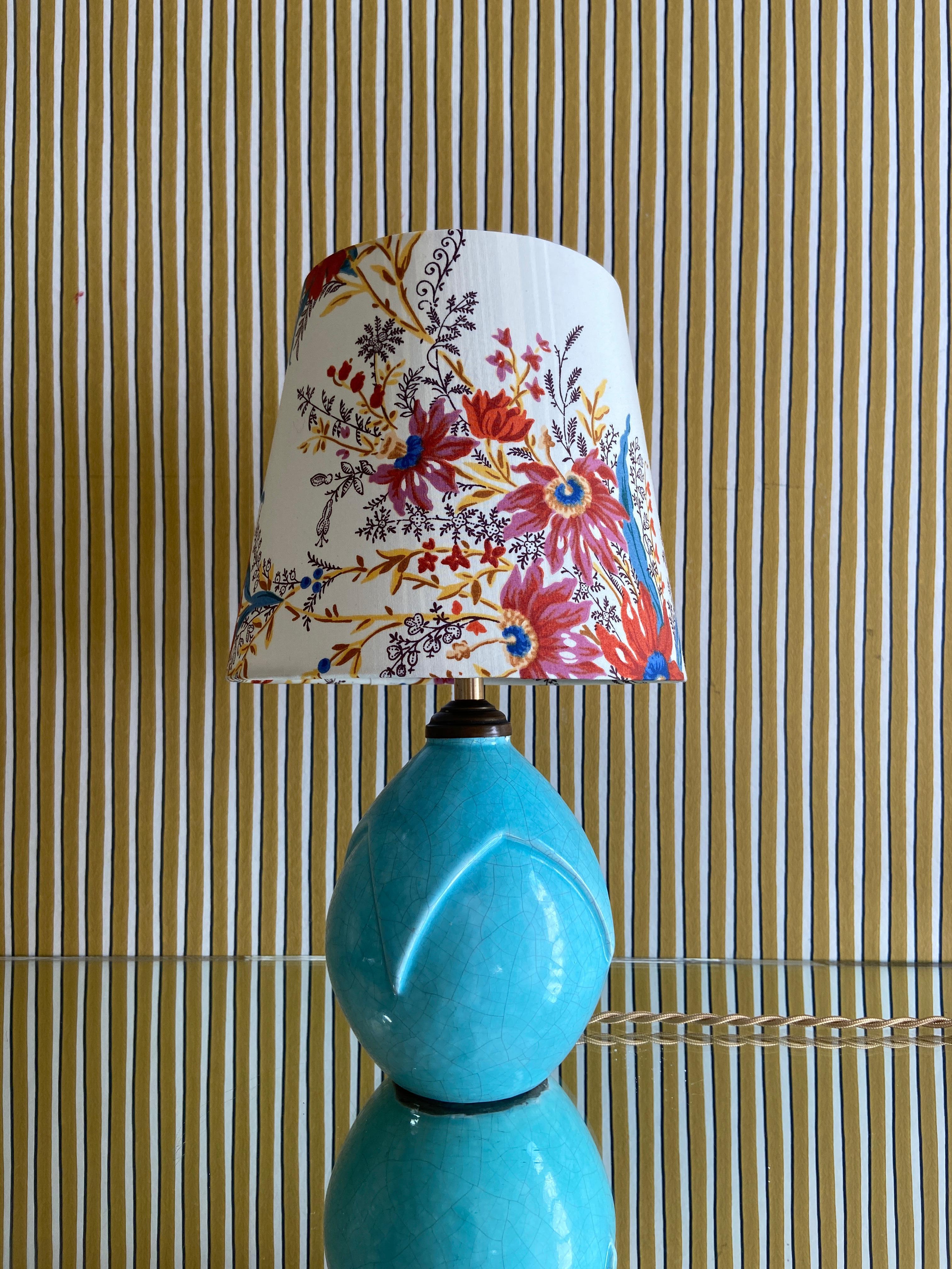 French Vintage Ceramic Table Lamp in Turquoise Glaze and Customized Shade, France