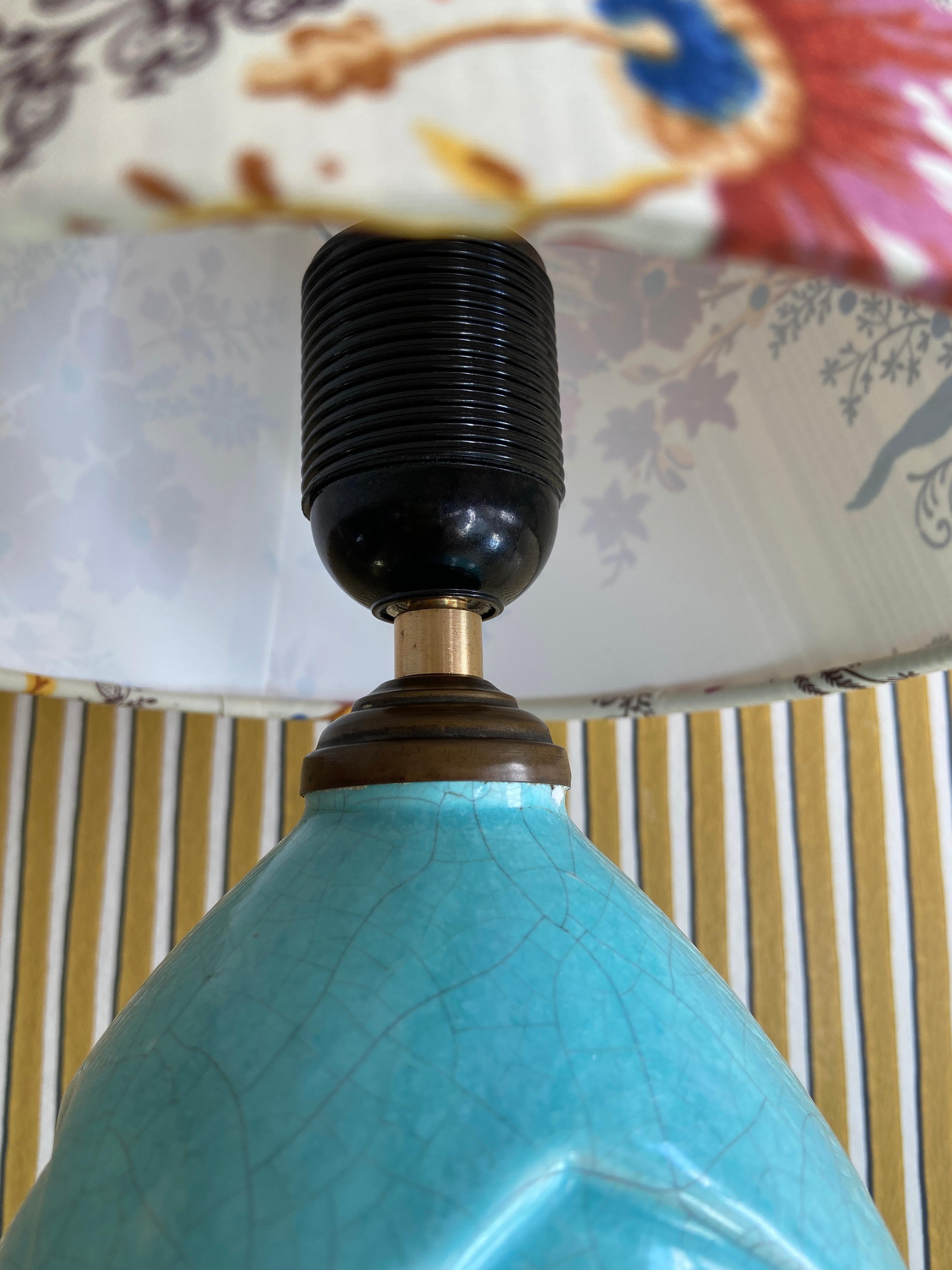 Vintage Ceramic Table Lamp in Turquoise Glaze and Customized Shade, France In Good Condition In Copenhagen K, DK