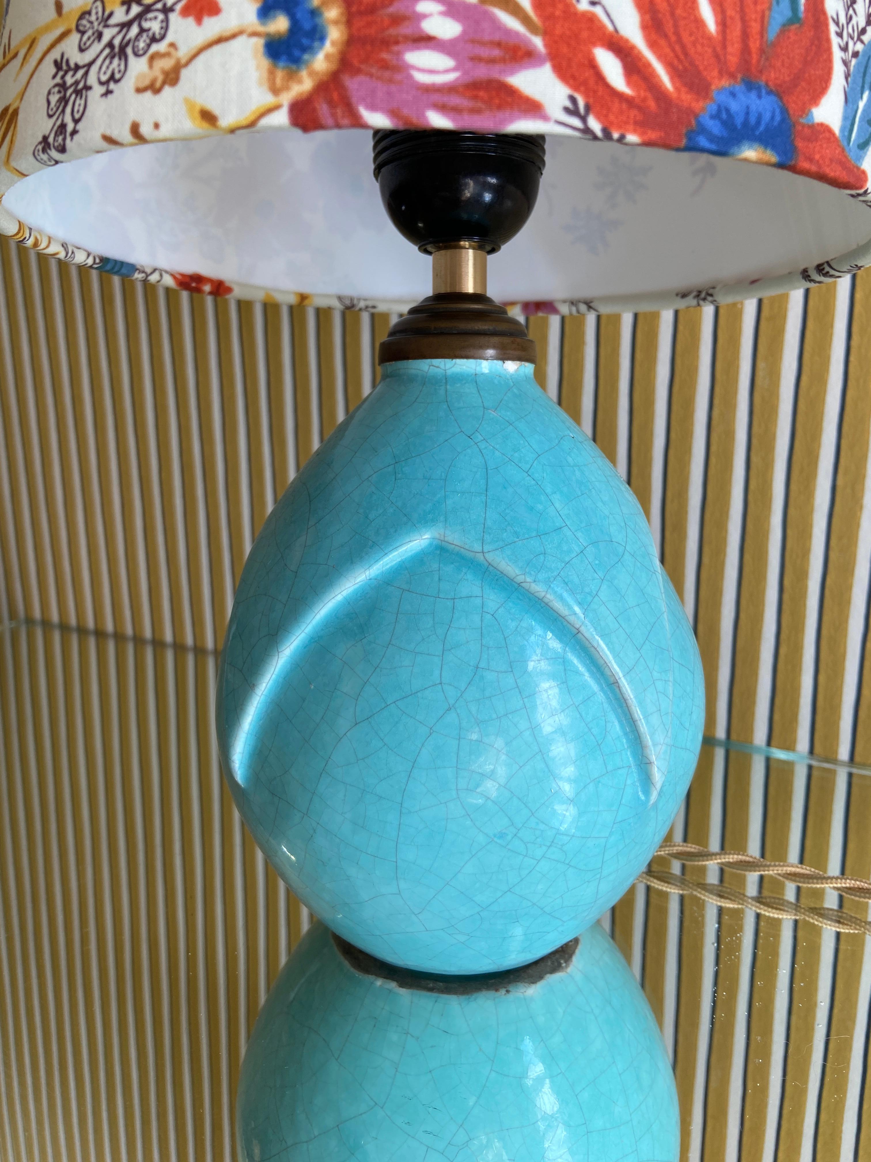 Vintage Ceramic Table Lamp in Turquoise Glaze and Customized Shade, France 4