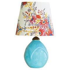 Vintage Ceramic Table Lamp in Turquoise Glaze and Customized Shade, France