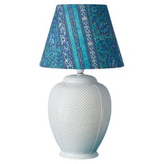 Vintage Ceramic Table Lamp in White with Blue Customized Shade, France, 1970s