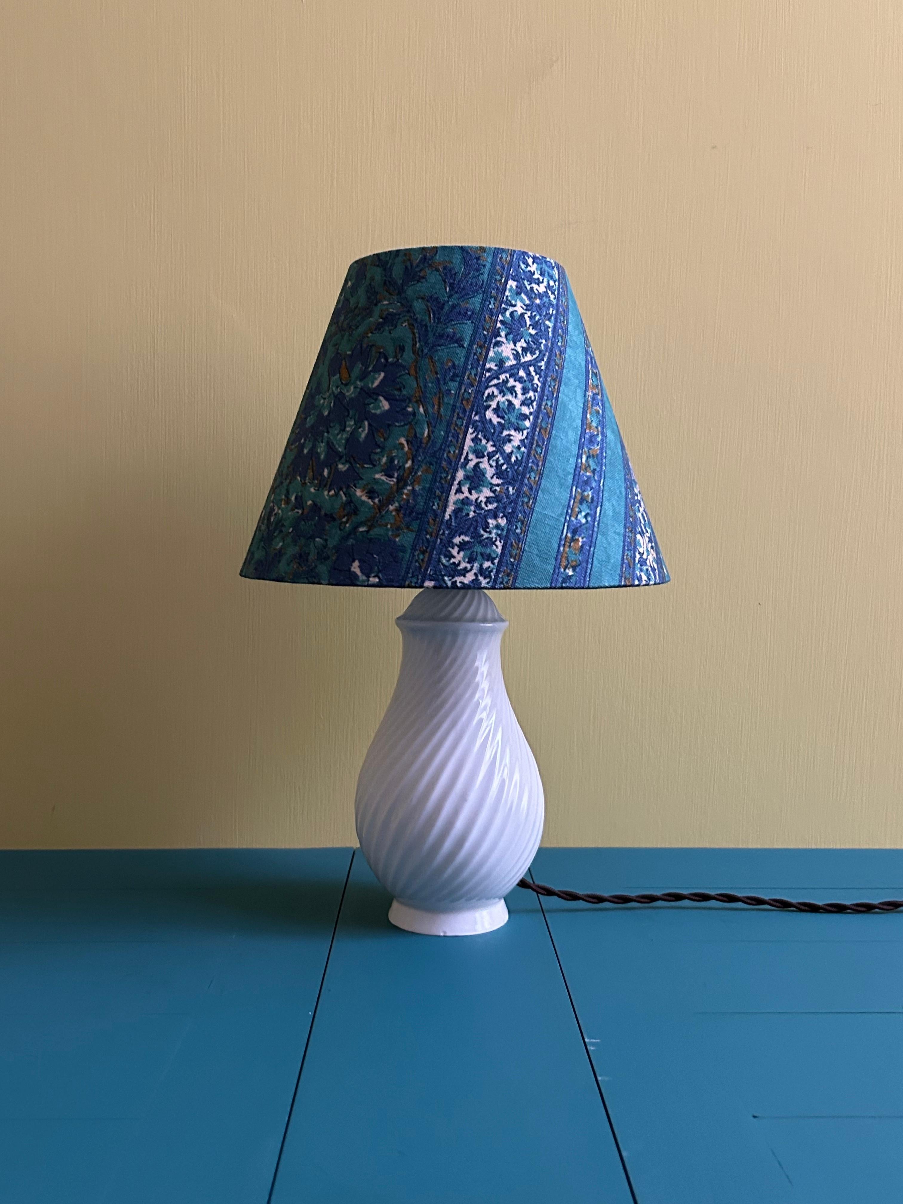 French Vintage Ceramic Table Lamp with Customized Blue Shade, France, 20th Century