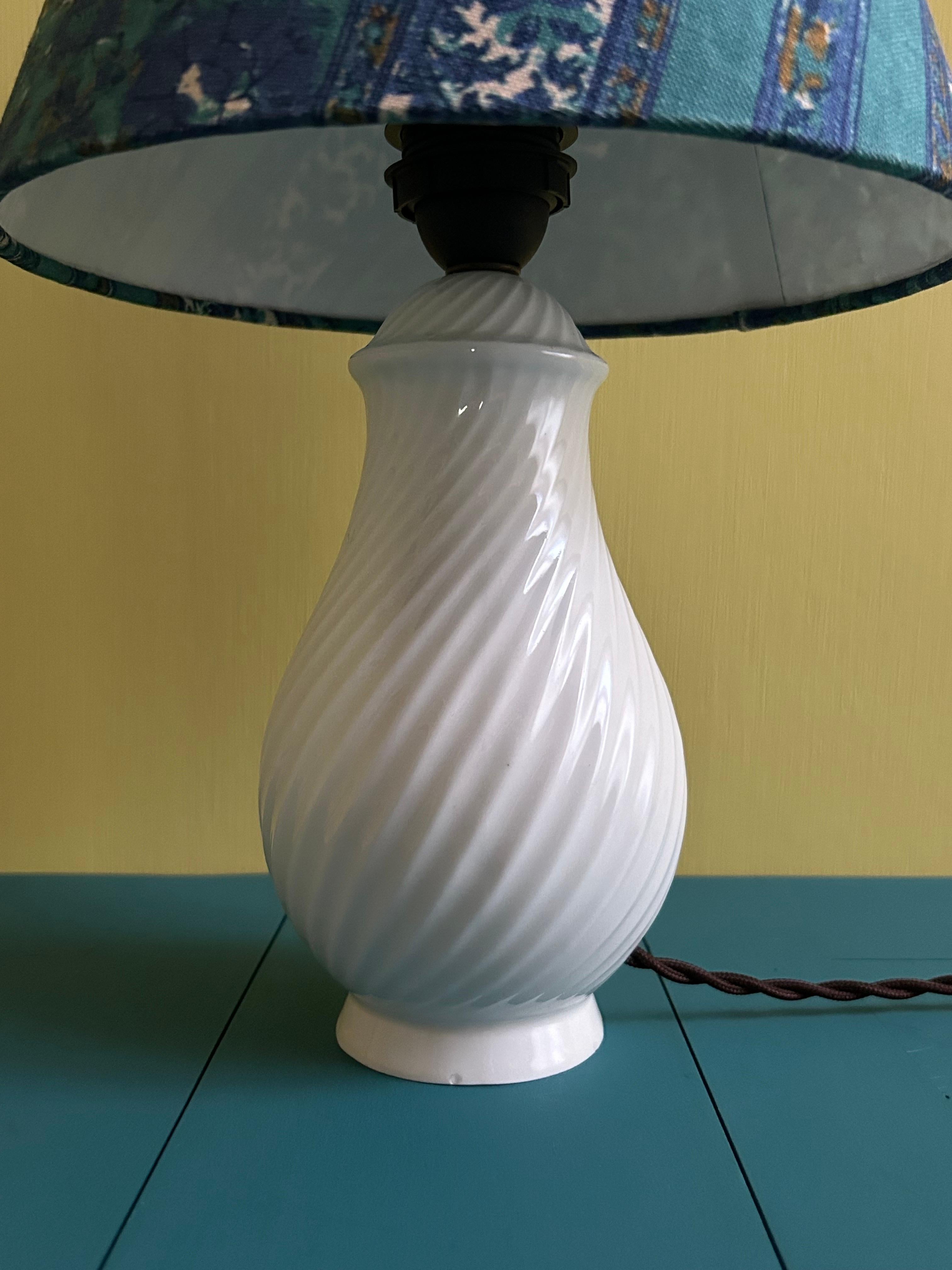 Vintage Ceramic Table Lamp with Customized Blue Shade, France, 20th Century 2