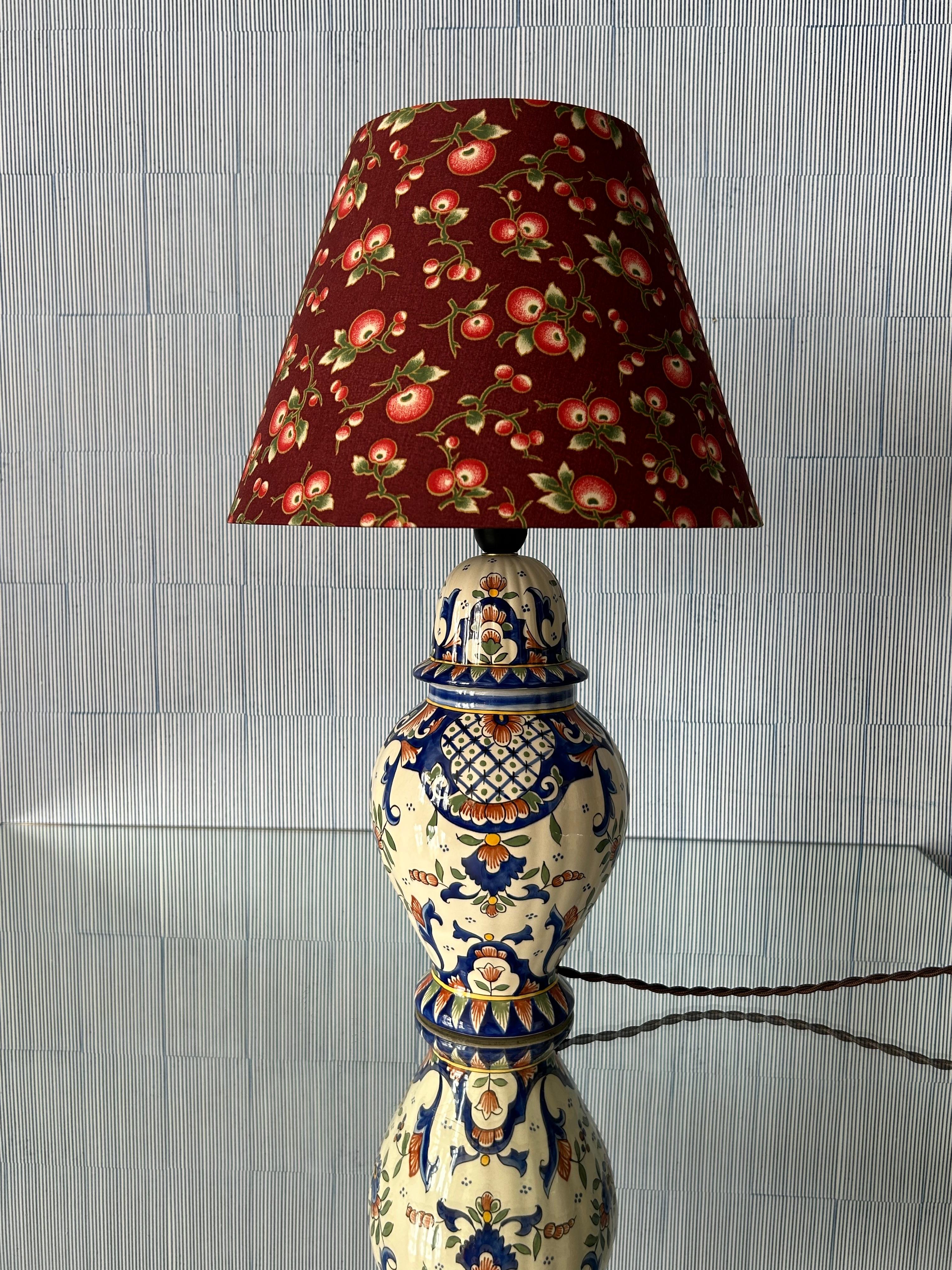 French Vintage Ceramic Table Lamp with Customized Red Shade, France, 20th Century