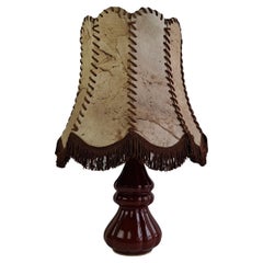 Vintage Ceramic Table Lamp with Hand-Stitched Leather Shade, 1980s