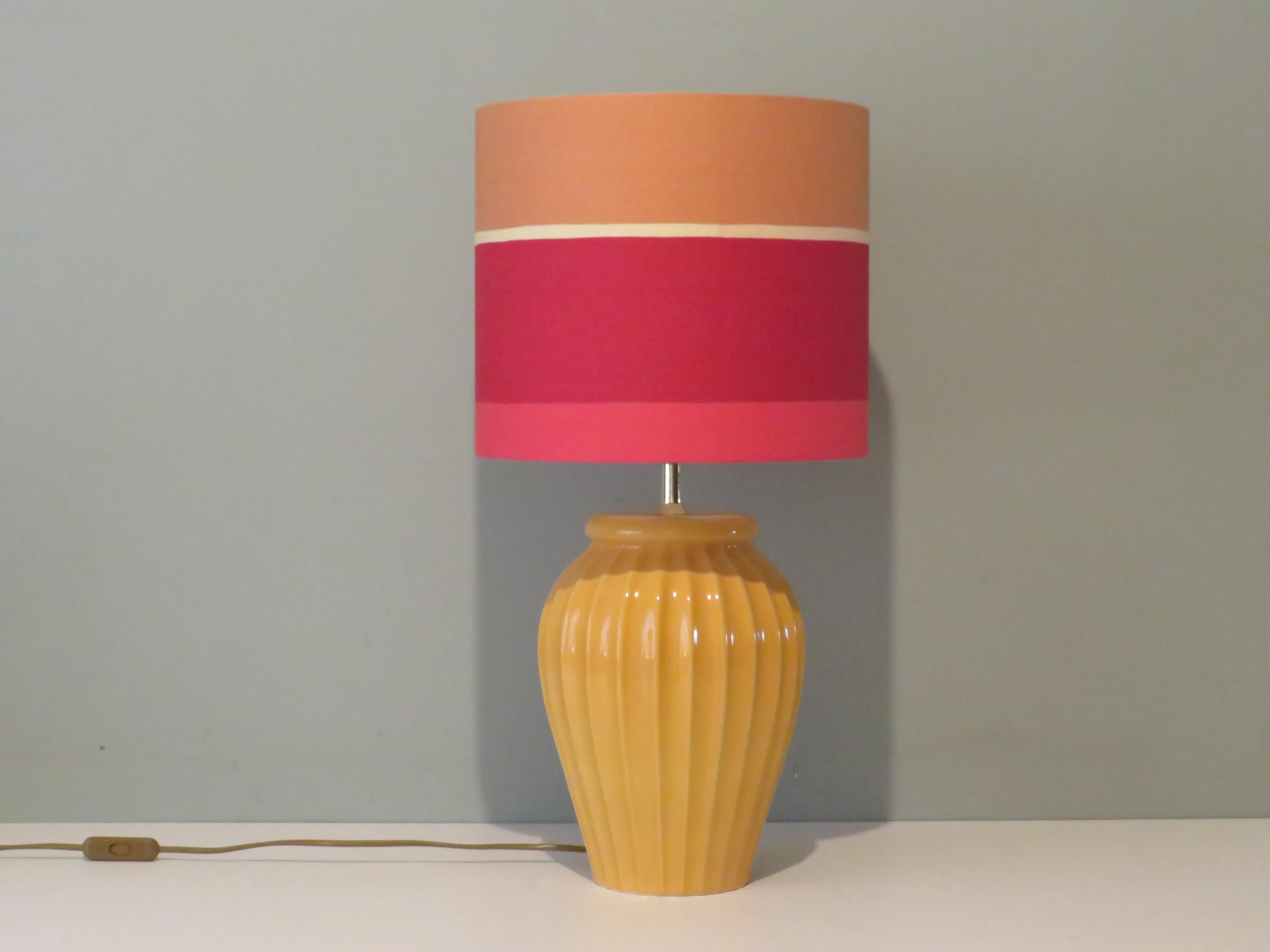 Glazed Vintage Ceramic Table Lamp with New Handmade Lampshade, France 1960 For Sale