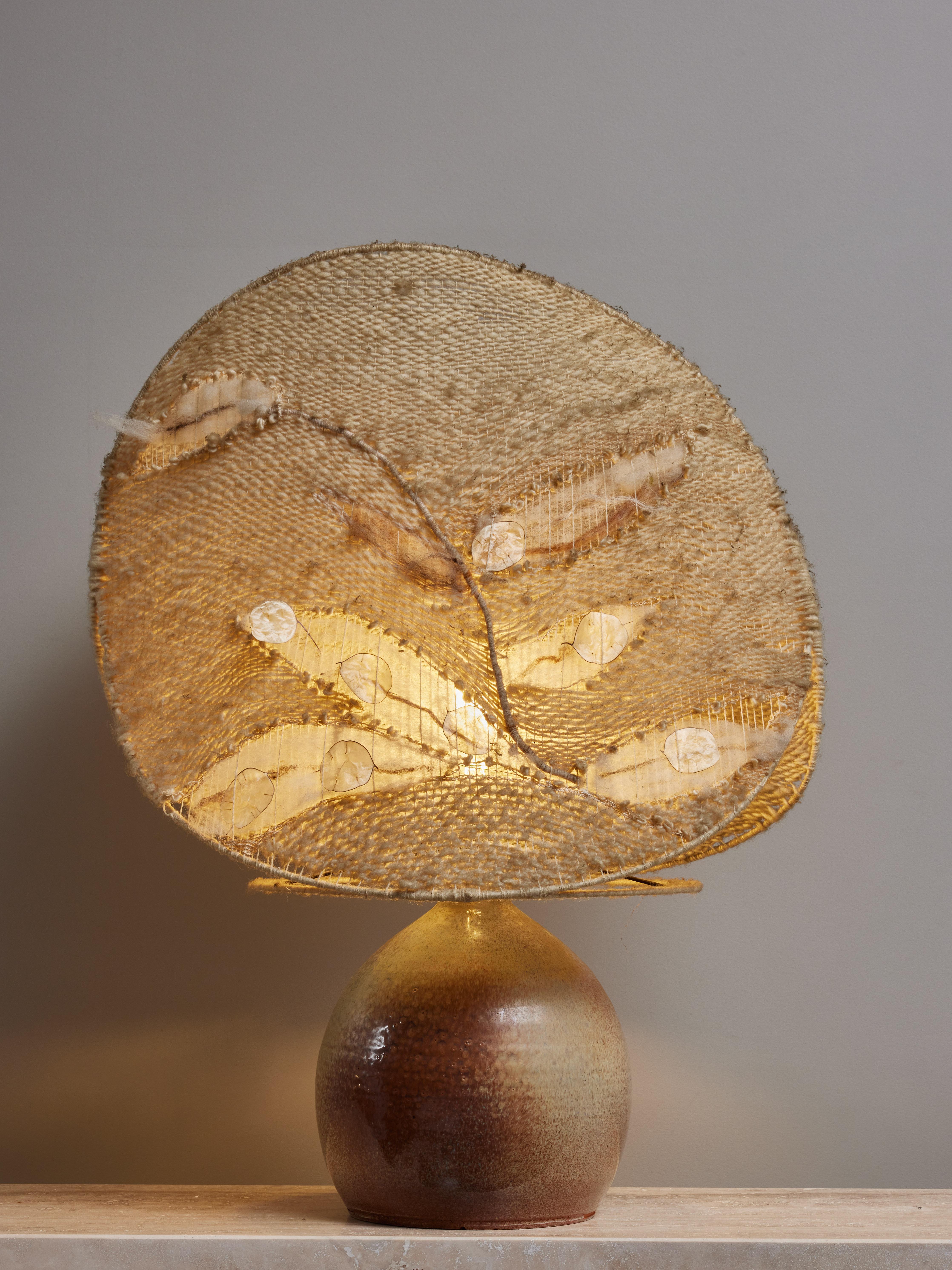 Mid-Century Modern Vintage Ceramic Table Lamp with Woven Shade For Sale