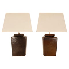 Vintage Ceramic Table Lamps Chinoiserie Oriental Brown Jar Lamps