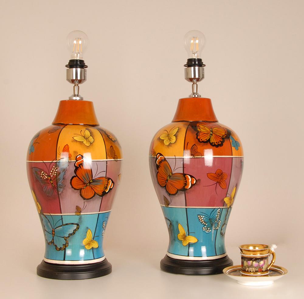 Vintage tall Italian Ceramic Porcelain Vase Table lamps
Material: Ceramic, Porcelain
Style: Vintage, Modernist, Oriental, Chinoiserie, Modern, bohemian
Design: In the manner of Longwy, kostka
Technique: Hand crafted 
Marked: None
Color: Multi