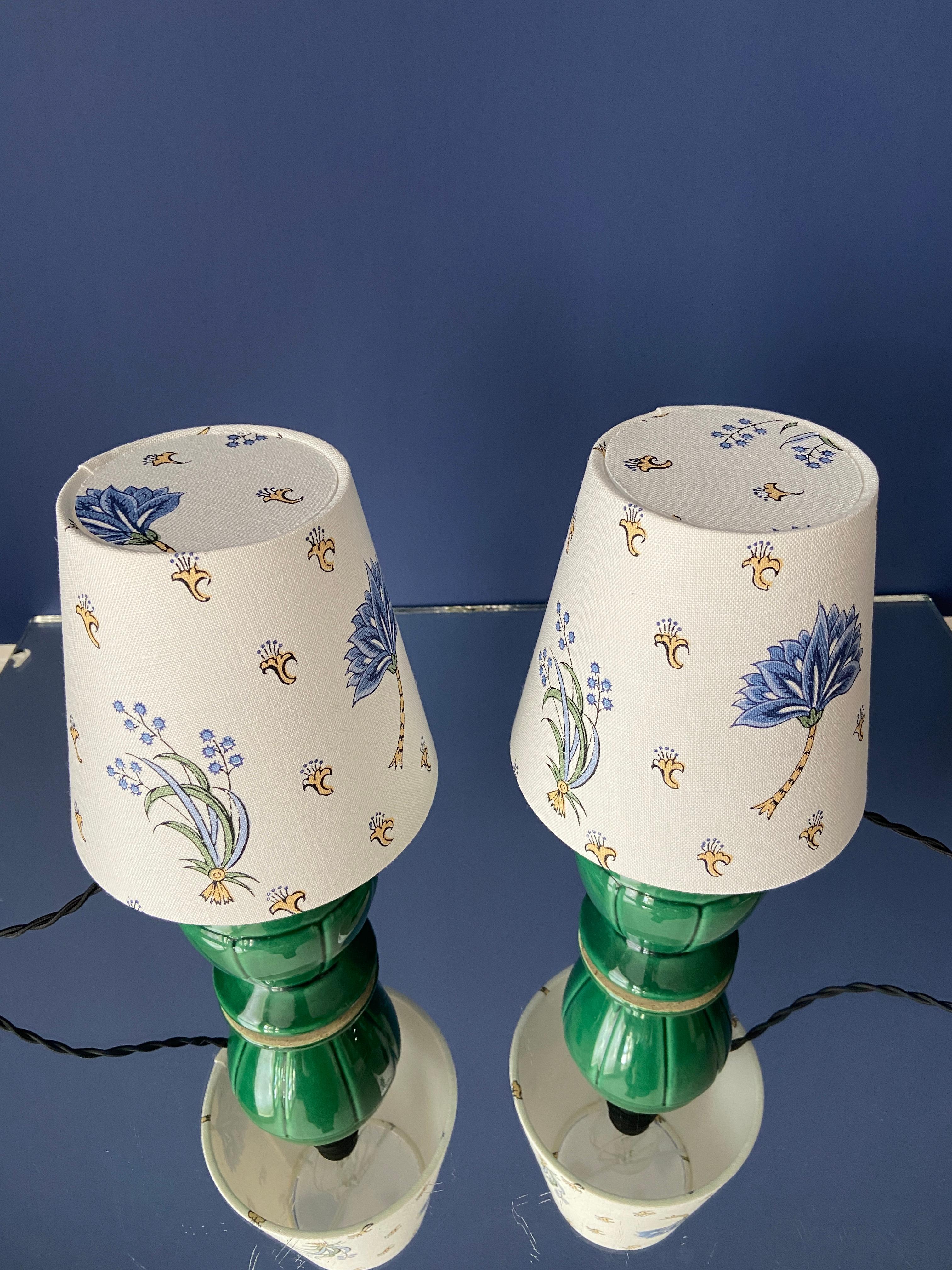 Mid-20th Century Vintage Ceramic Table Lamps in Green with Customized Shade, France, 1950's
