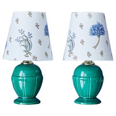 Vintage Ceramic Table Lamps in Green with Customized Shade, France, 1950's