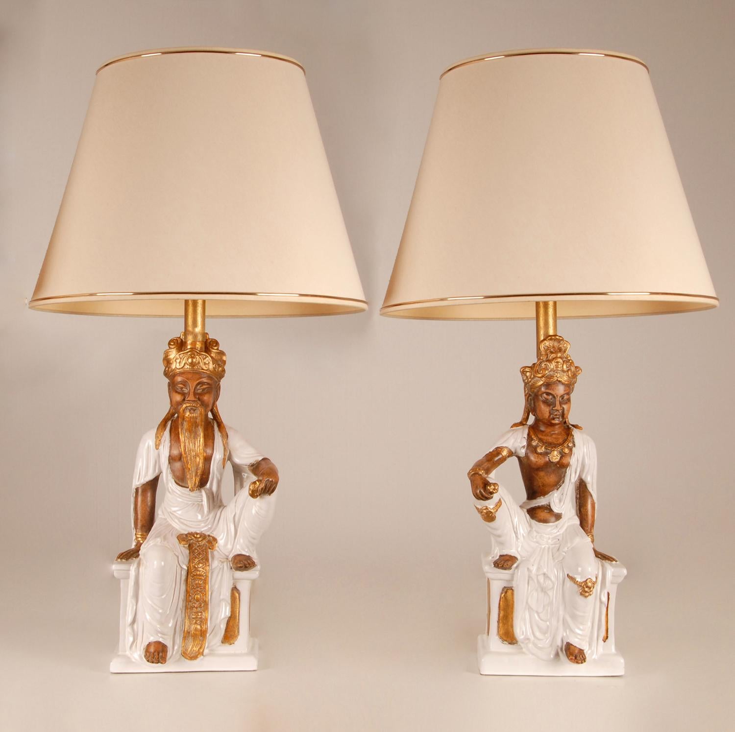 Merk: table lamps Chinese Buddha figures
Vintage Table Lamps Chinese Buddha figures Ceramic
Material: porcelain, ceramic, pottery
Design: Ugo Zaccagnini
Producer: Zaccagnini
Origin: Italy, 1960
Style: Vintage, Mid century, Chinoiserie - two Chinese