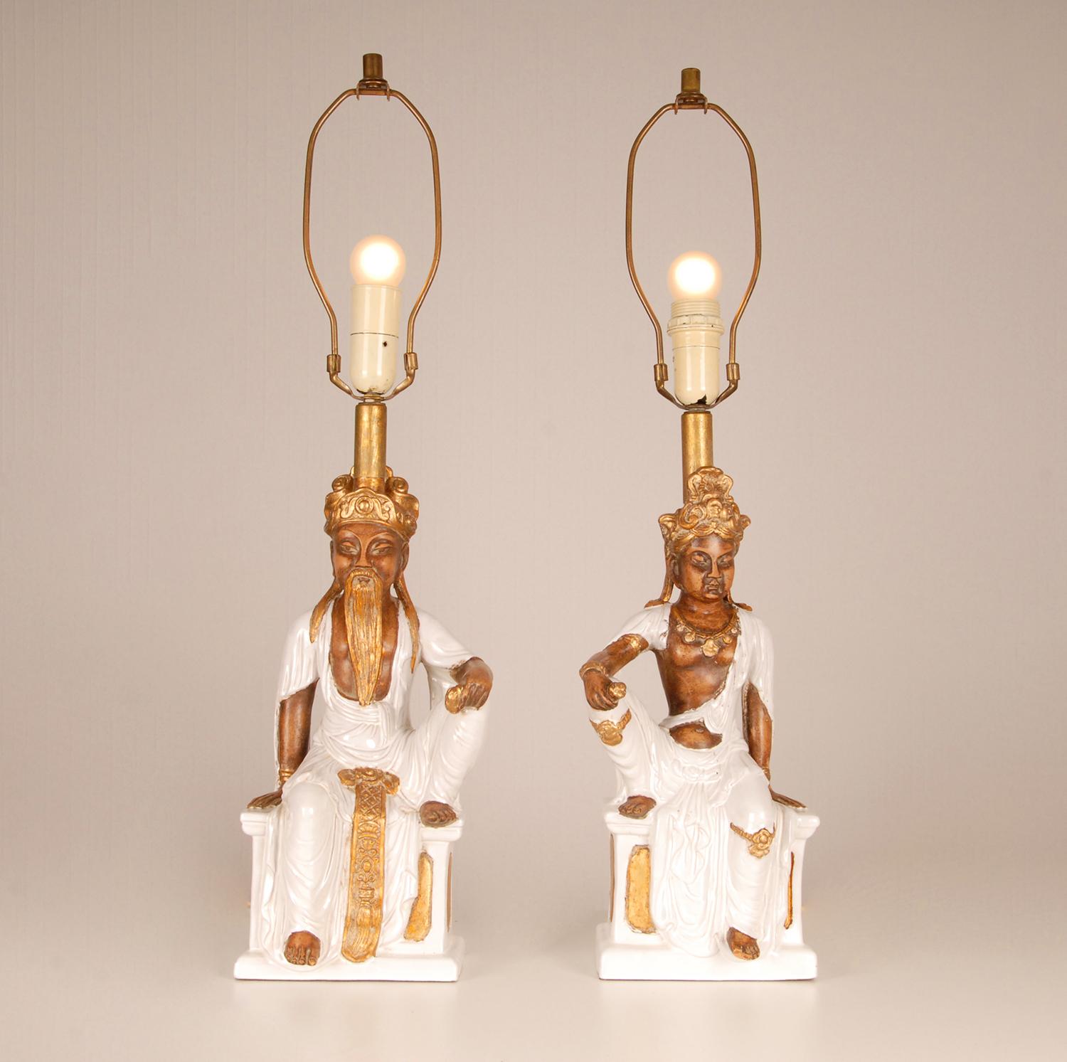 Mid-Century Modern Lampes de table en céramique vintage - Chinoiserie italienne - Figures de Bouddha chinoises en vente
