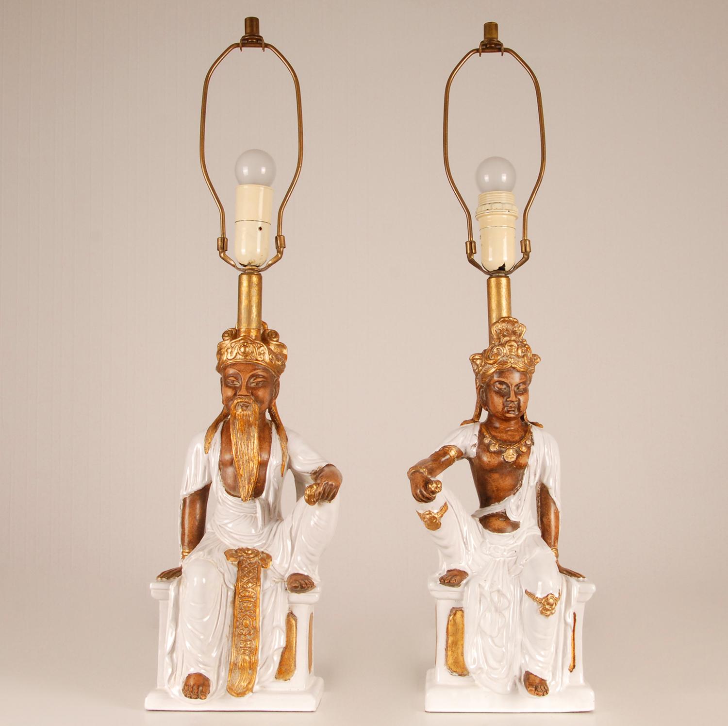 Glazed Vintage Ceramic Table Lamps Italian Chinoiserie Chinese Buddha figures Ceramic For Sale