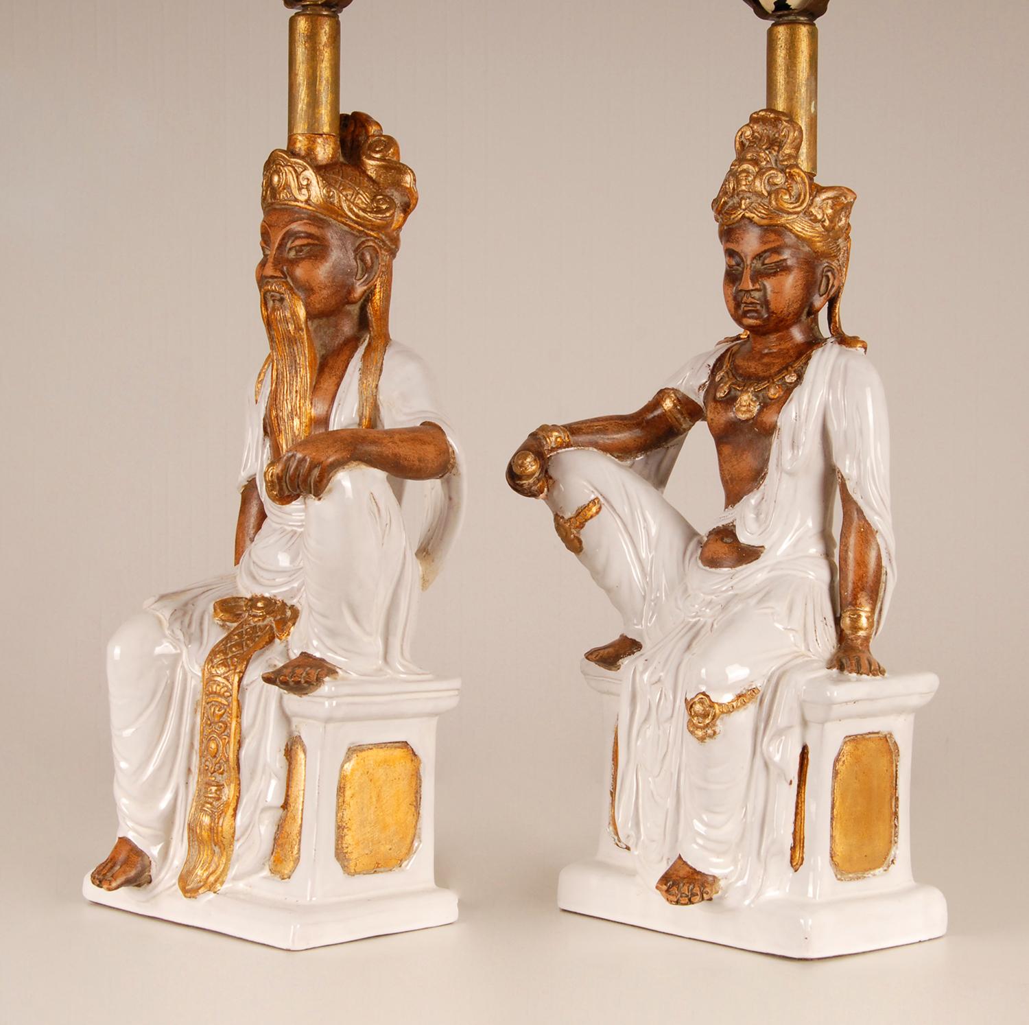 Glazed Vintage Ceramic Table Lamps Italian Chinoiserie Chinese Buddha figures Ceramic For Sale
