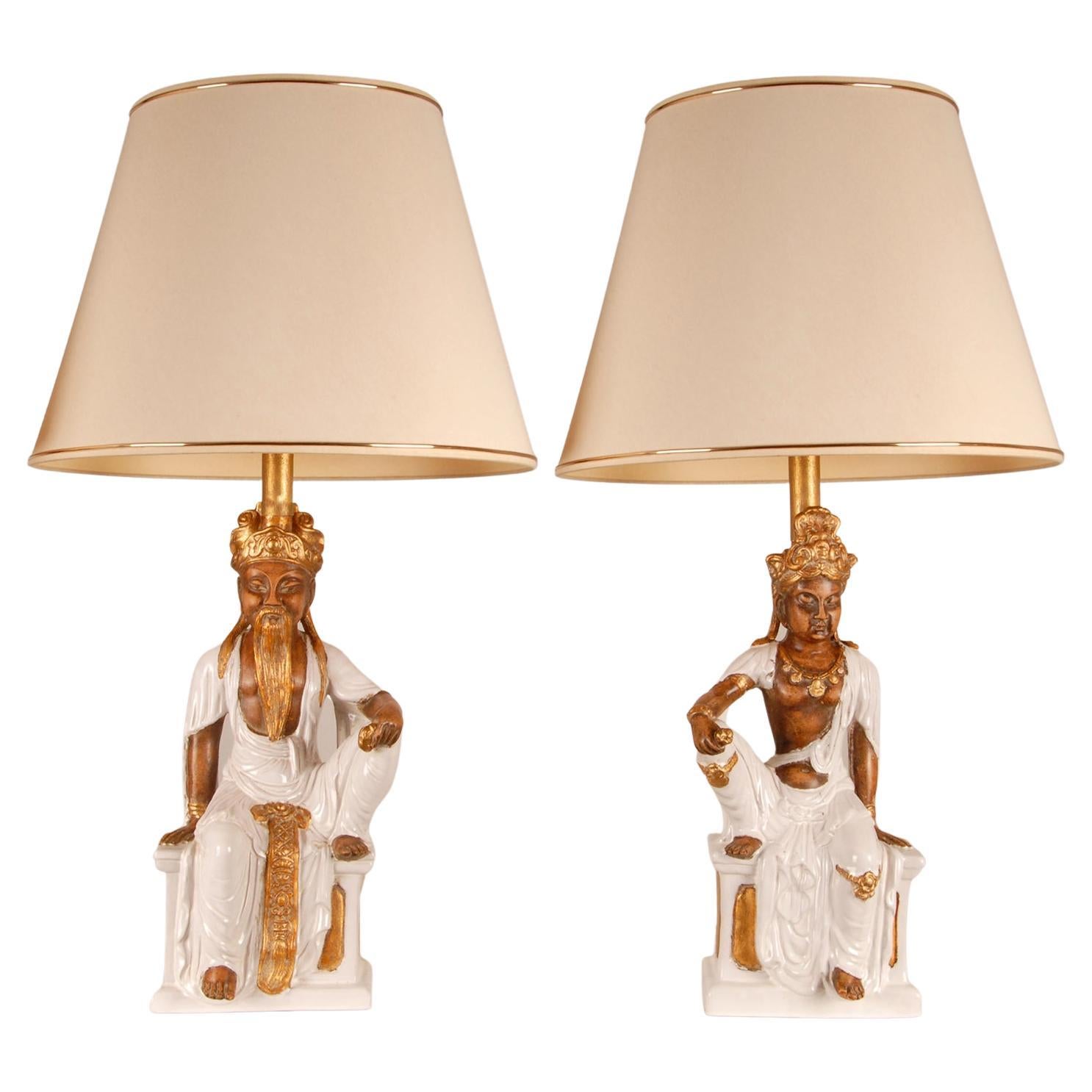 Lampes de table en céramique vintage - Chinoiserie italienne - Figures de Bouddha chinoises