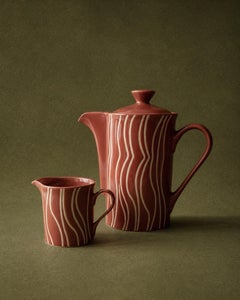 Vintage-Keramik-Tee- oder Kaffeeservice, Teekanne mit Deckel und Milchkännchen, 1970er Jahre