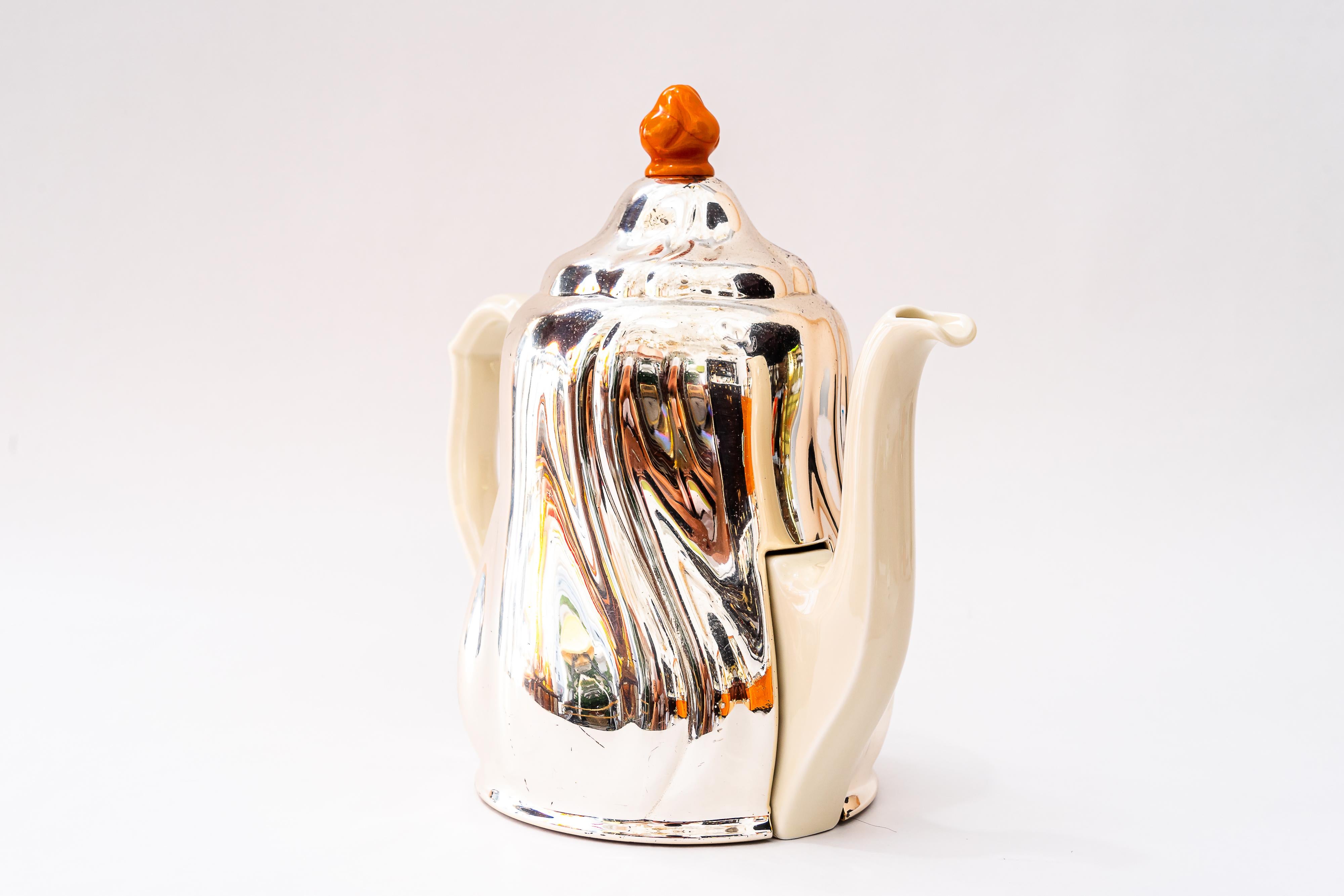 Vintage Keramik Thermoskanne mit Metalldeckel Kaffeekanne Deutschland um 1950er Jahre im Angebot 1