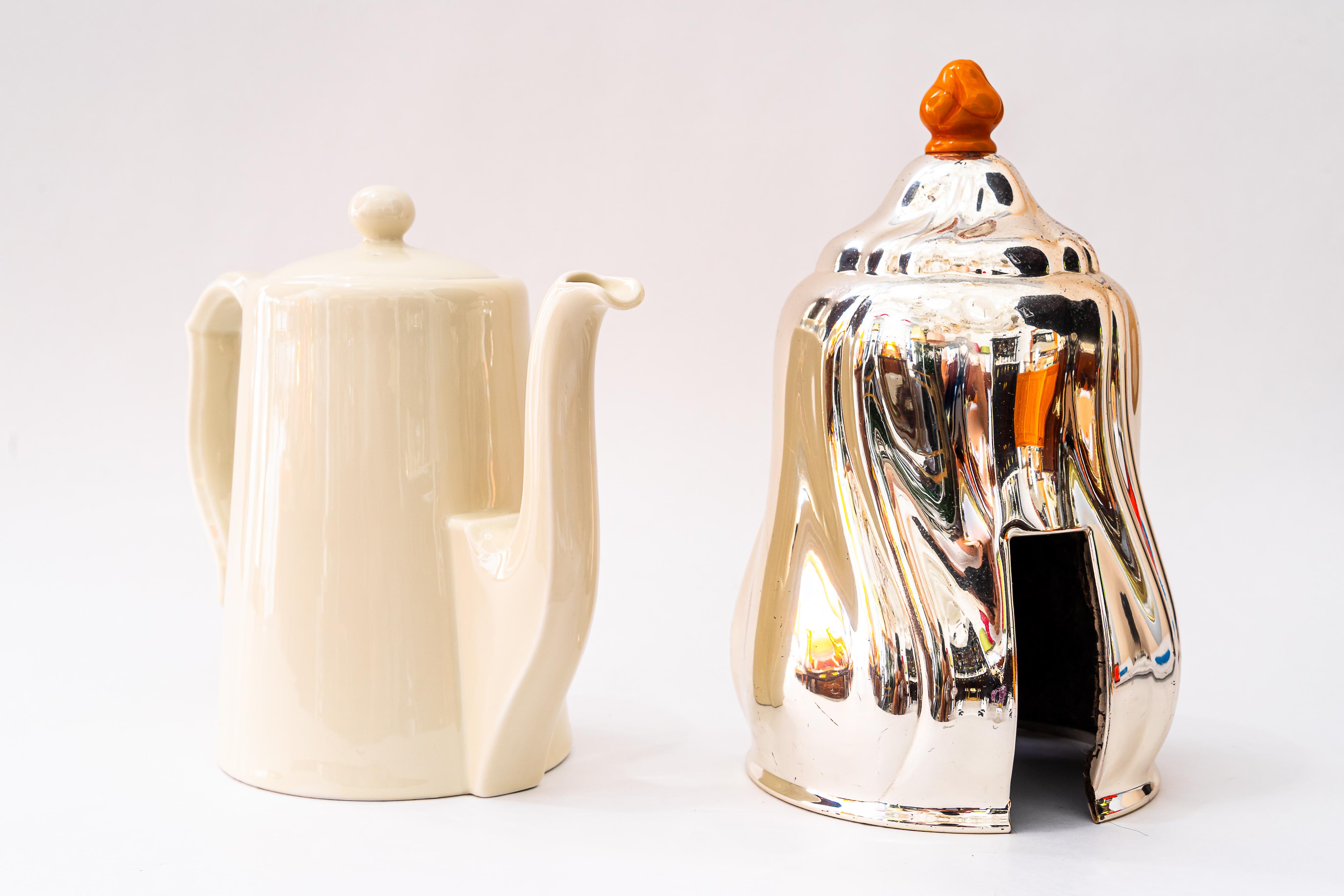 Vintage Keramik Thermoskanne mit Metalldeckel Kaffeekanne Deutschland um 1950er Jahre im Angebot 2