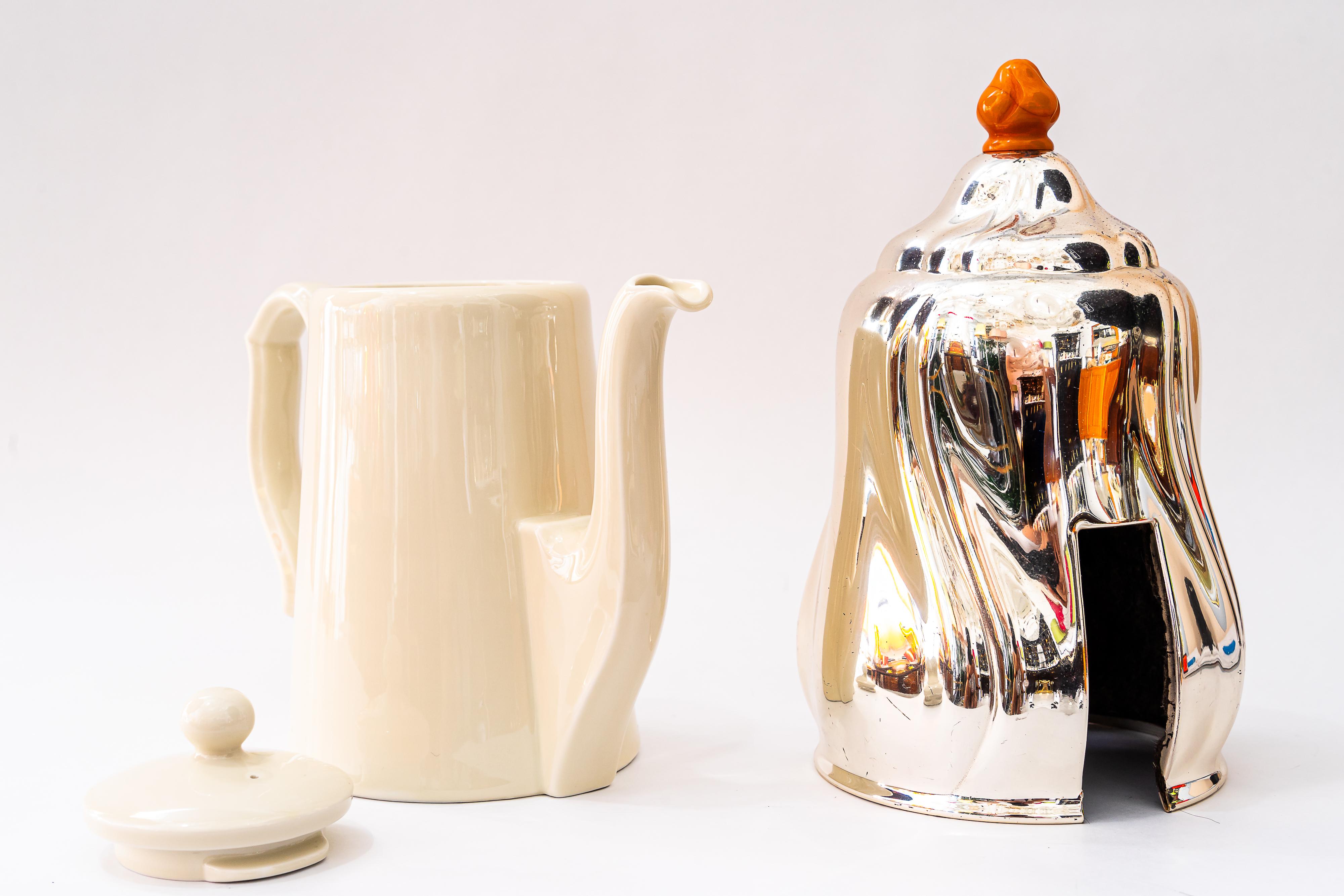 Vintage Keramik Thermoskanne mit Metalldeckel Kaffeekanne Deutschland um 1950er Jahre im Angebot 3