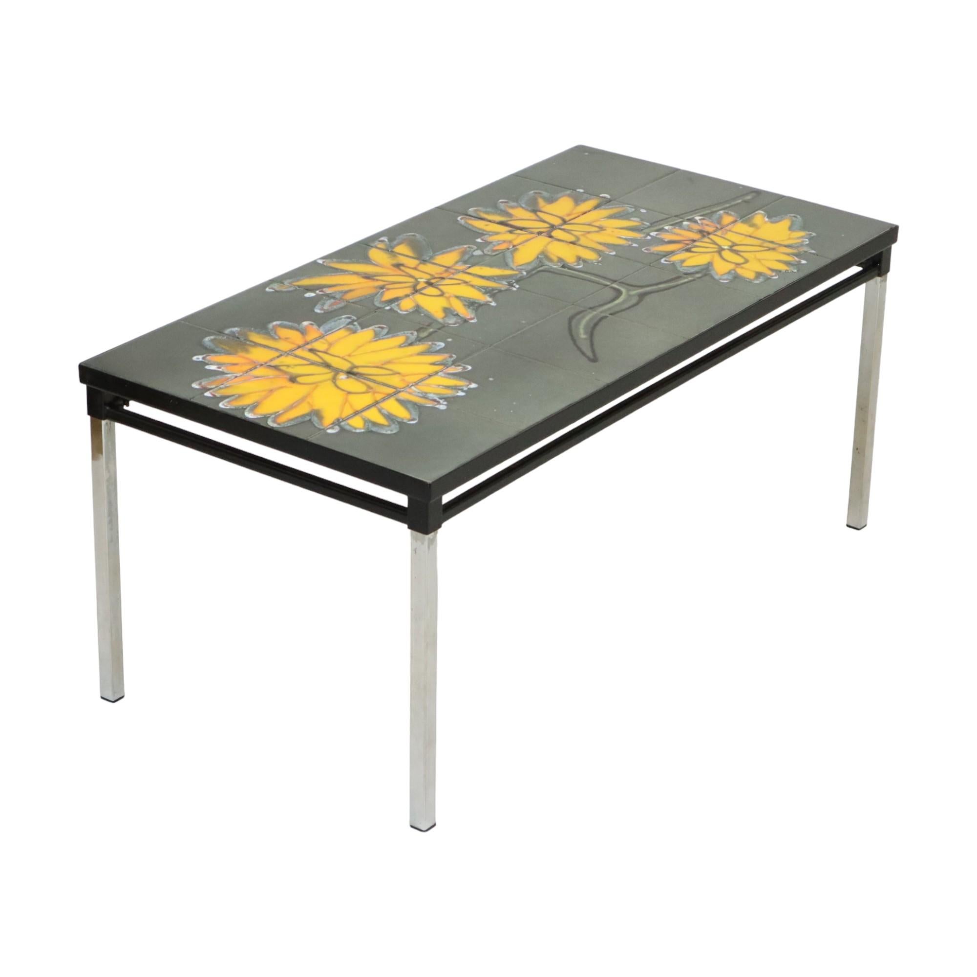 Space Age Vintage Ceramic Tile Table Adri Design Yellow Abstract Flower 92cm