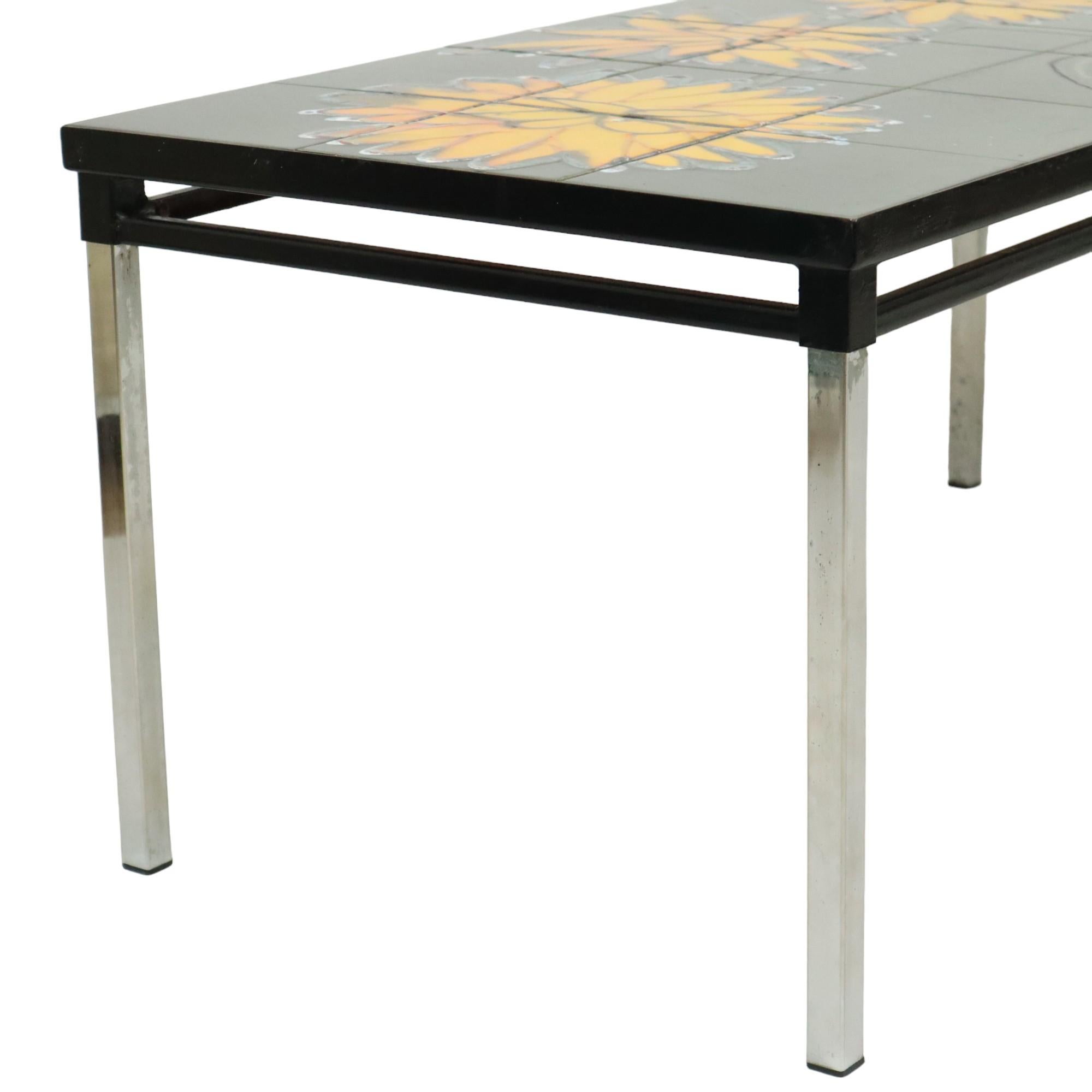 Belgian Vintage Ceramic Tile Table Adri Design Yellow Abstract Flower 92cm