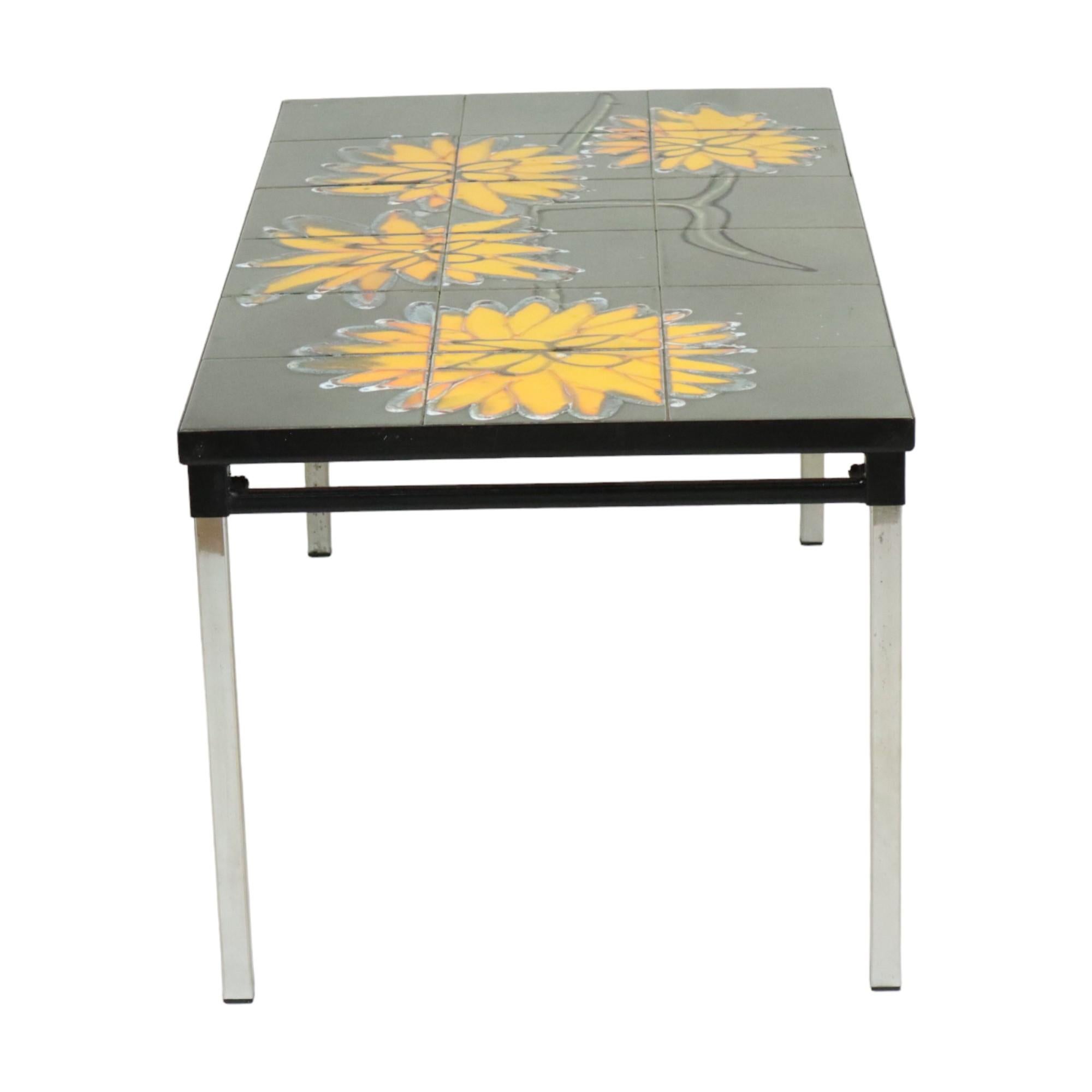 Vintage Ceramic Tile Table Adri Design Yellow Abstract Flower 92cm In Good Condition In Poperinge, BE