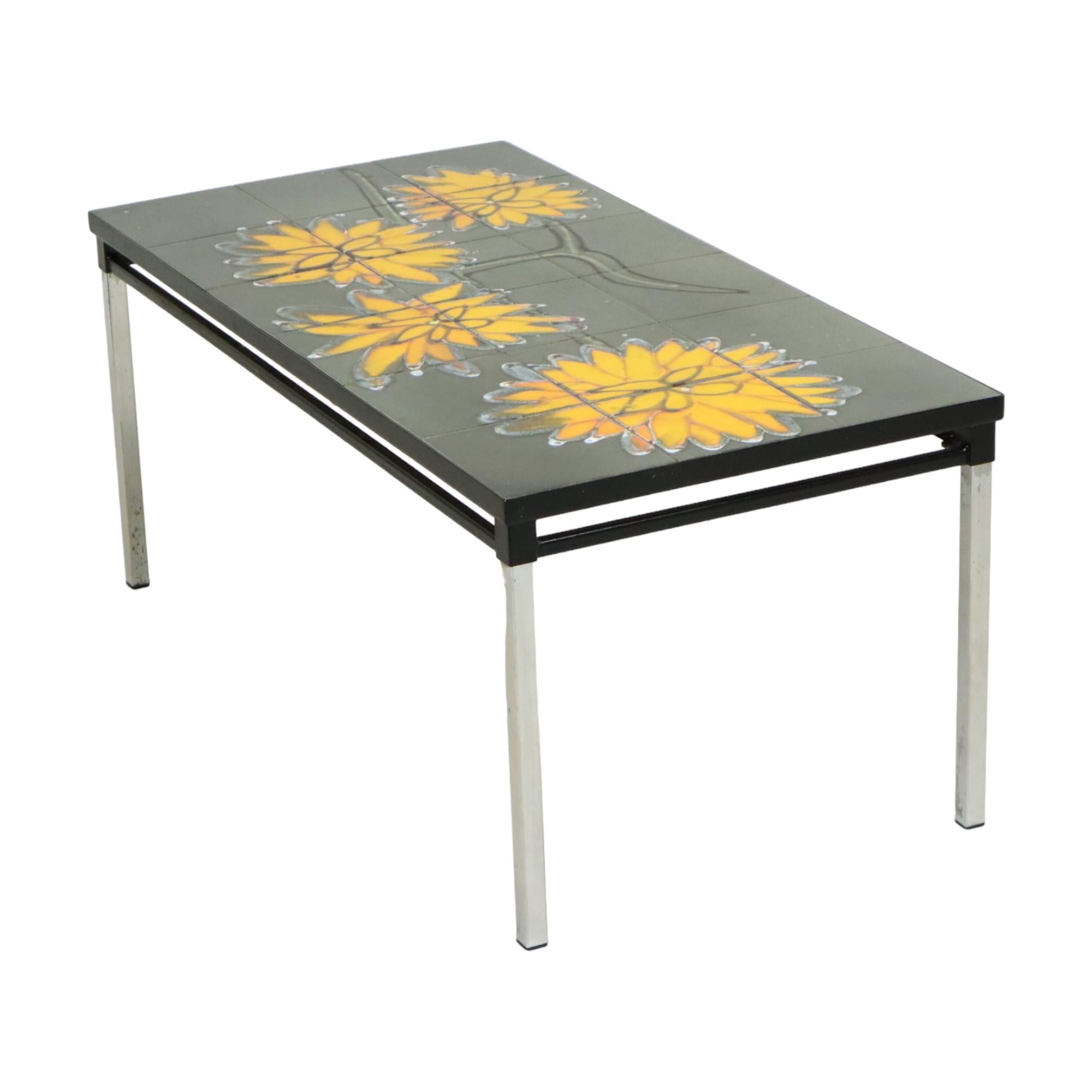 Mid-20th Century Vintage Ceramic Tile Table Adri Design Yellow Abstract Flower 92cm