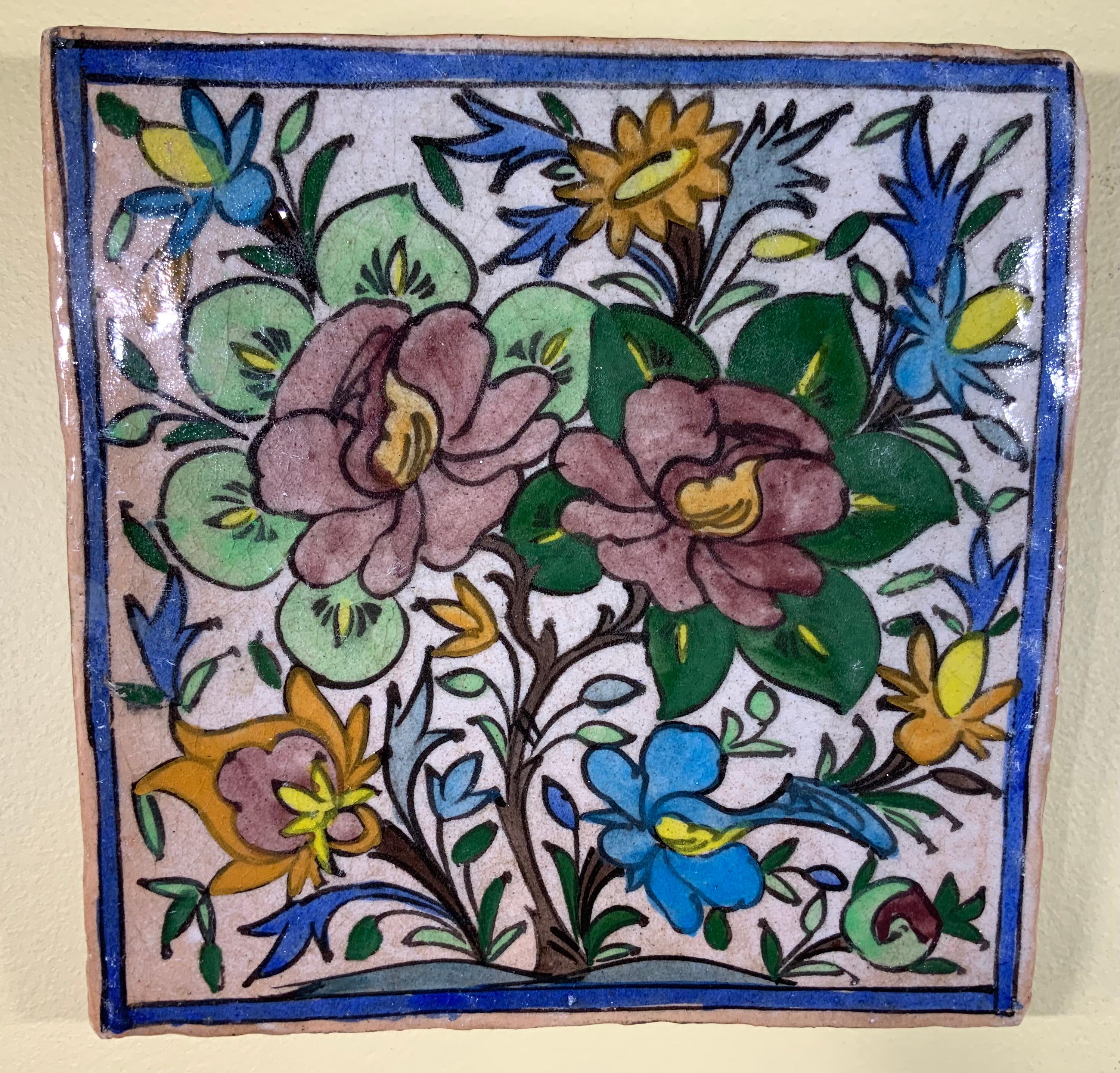 Exceptional tile all hand-painted and glazed with beautiful scenery of colorful vines and flowers on a cream color background. Could hang on the wall.
Great object of art for wall display.

  