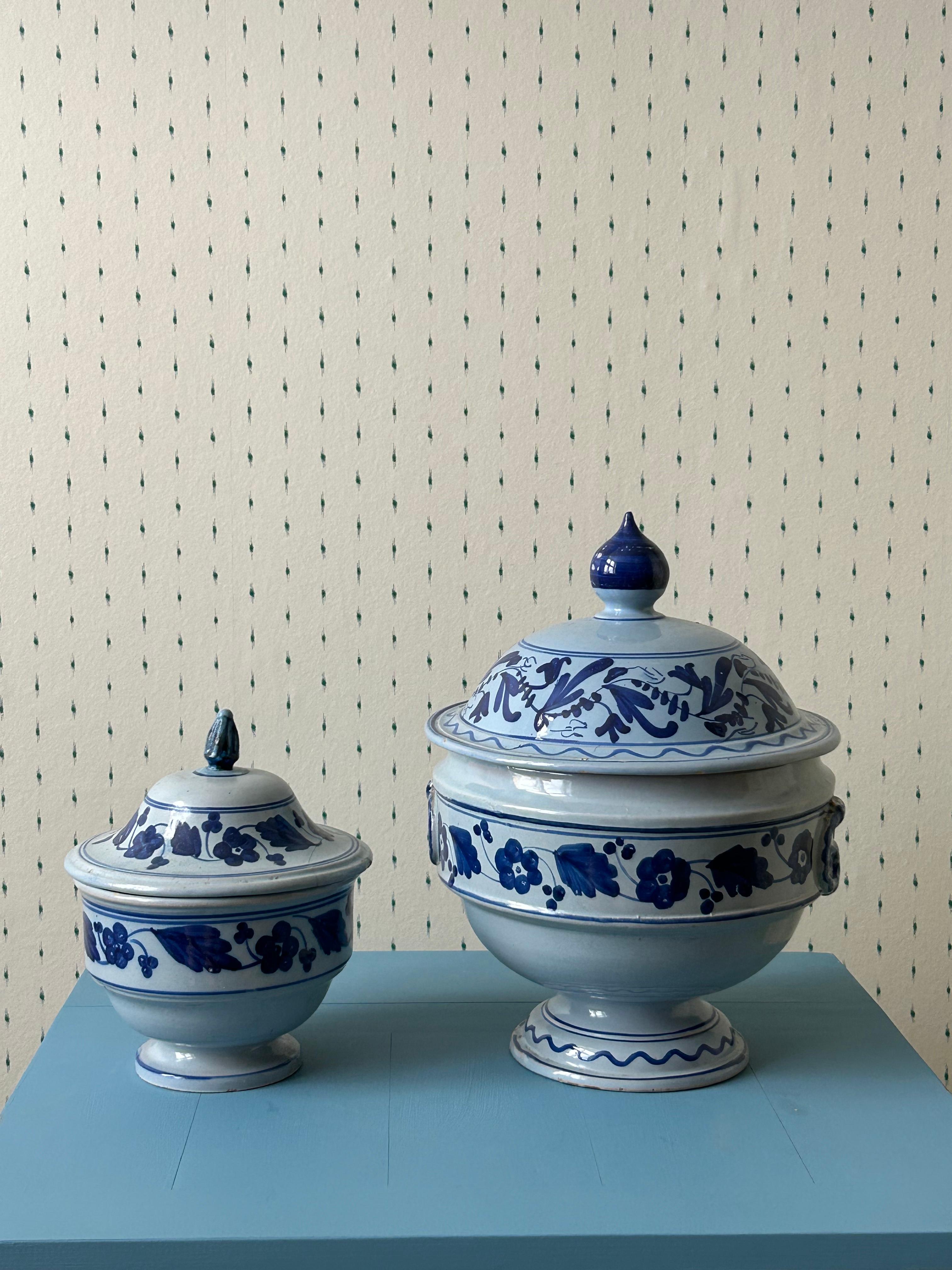 Italian Vintage Ceramic Tureens with Blue Flower Decorations, Italy, Late 19th-Century For Sale