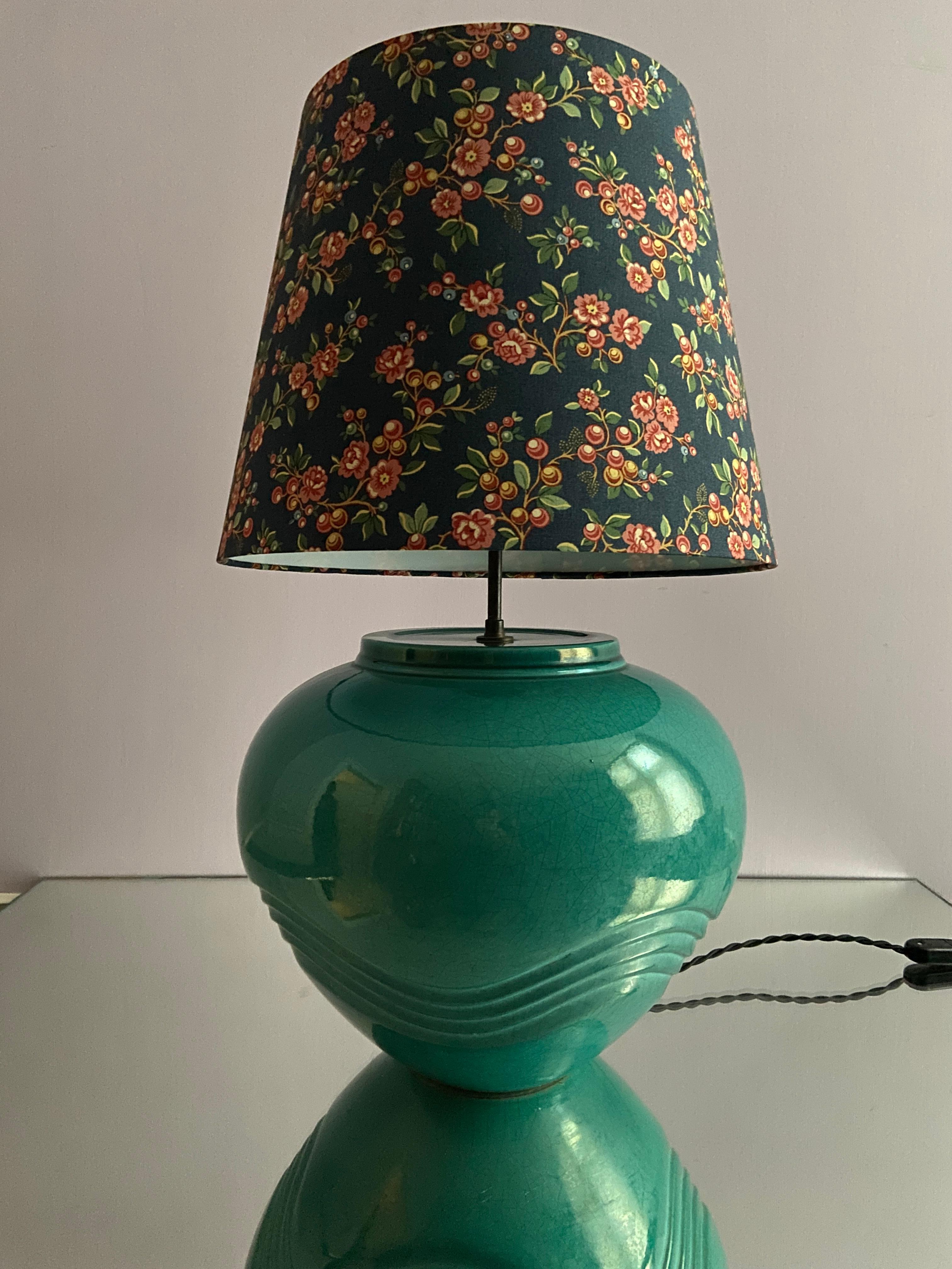Vintage Ceramic Turquoise Glaze Table Lamp with Customized Shade, France, 1980 1