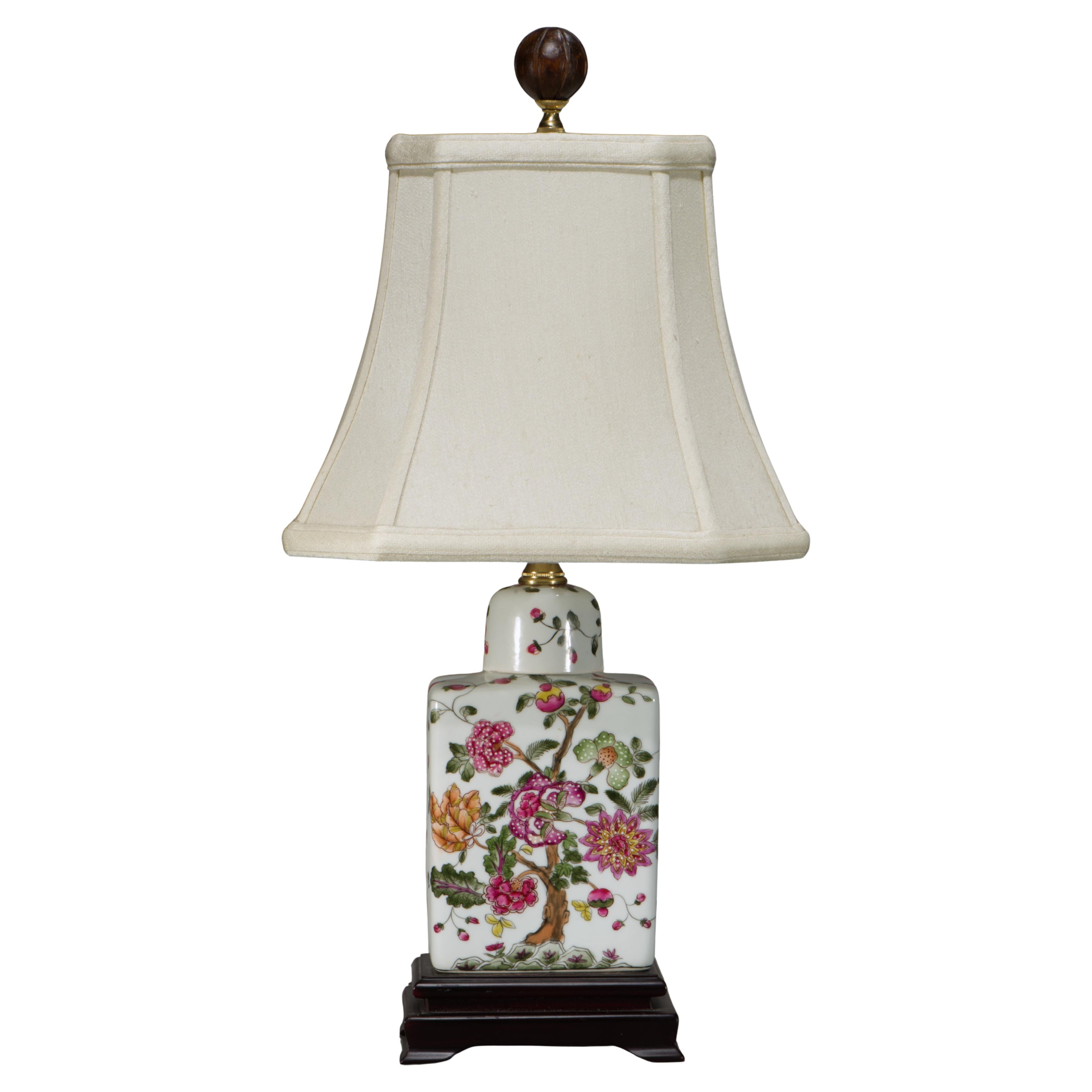 Lampe à poser Urne en céramique vintage, décor floral peint à la main Chinoiserie