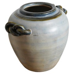 Vintage Ceramic Vase Blue Vessel With Knot Rope Handles 