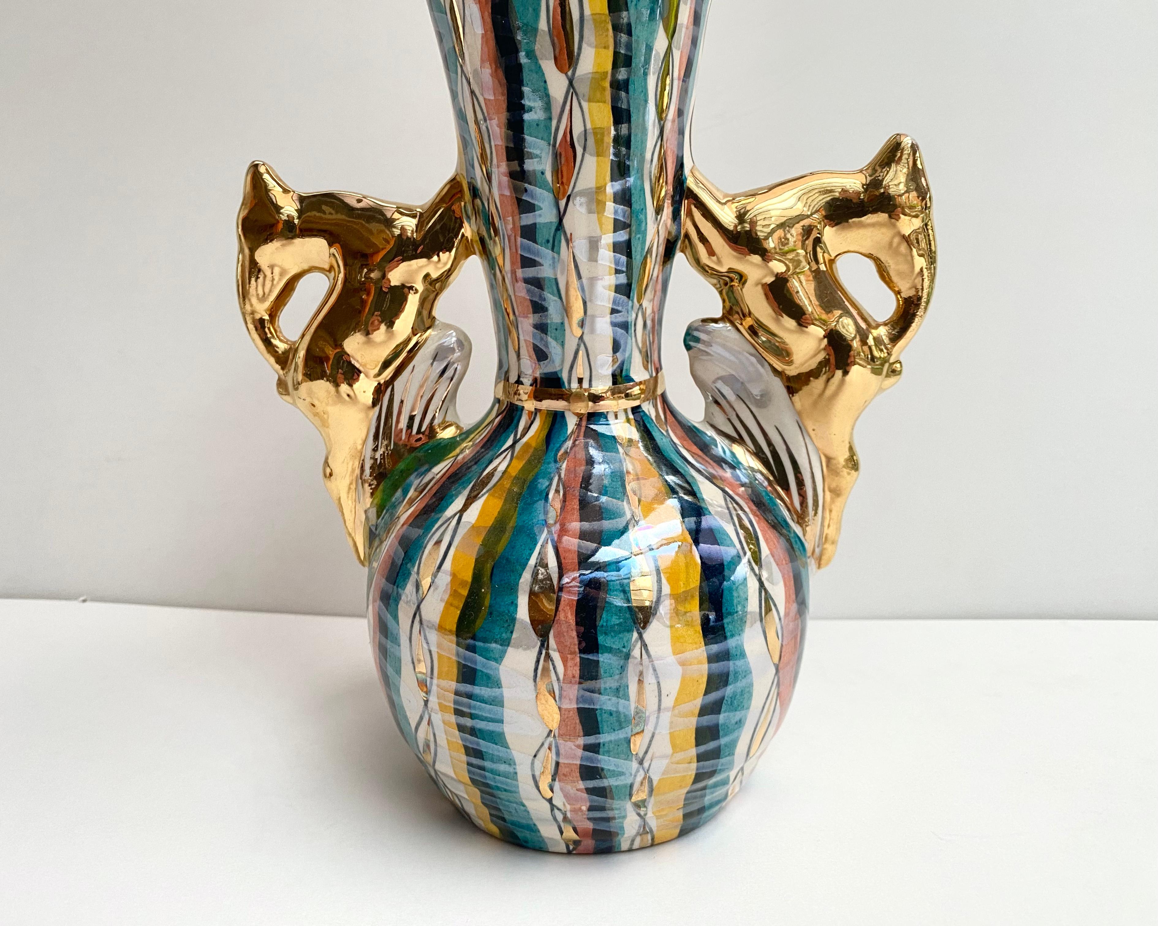 Belgian Vintage Ceramic Vase H.Bequet Urn With Deer Stag Handles, Belgium, 1960 For Sale