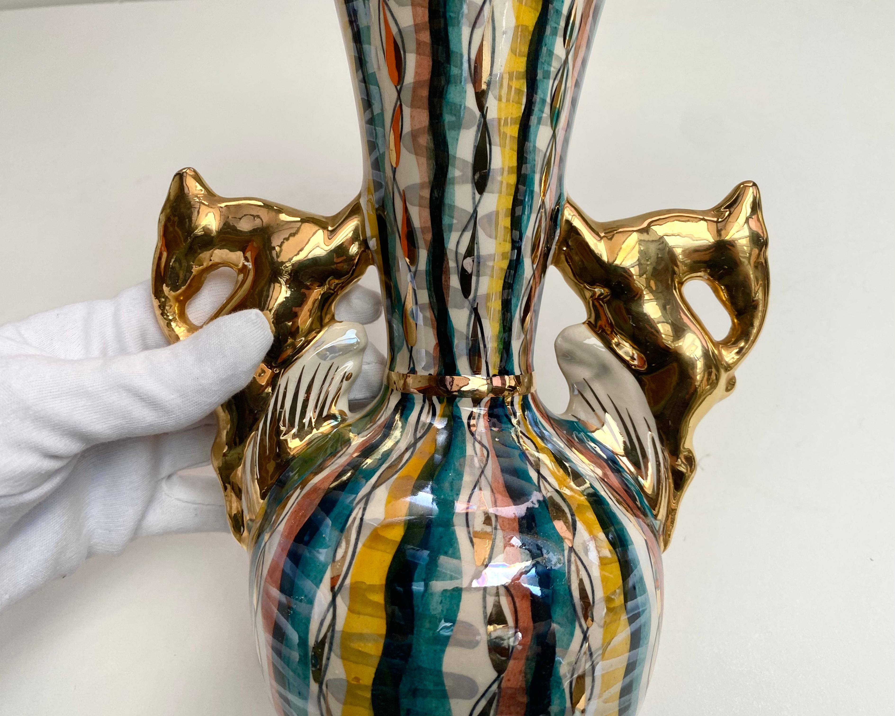Vintage-Vase aus Keramik H.Bequet mit Hirschgeweihgriffen aus Hirsch, Belgien, 1960 im Zustand „Gut“ im Angebot in Bastogne, BE