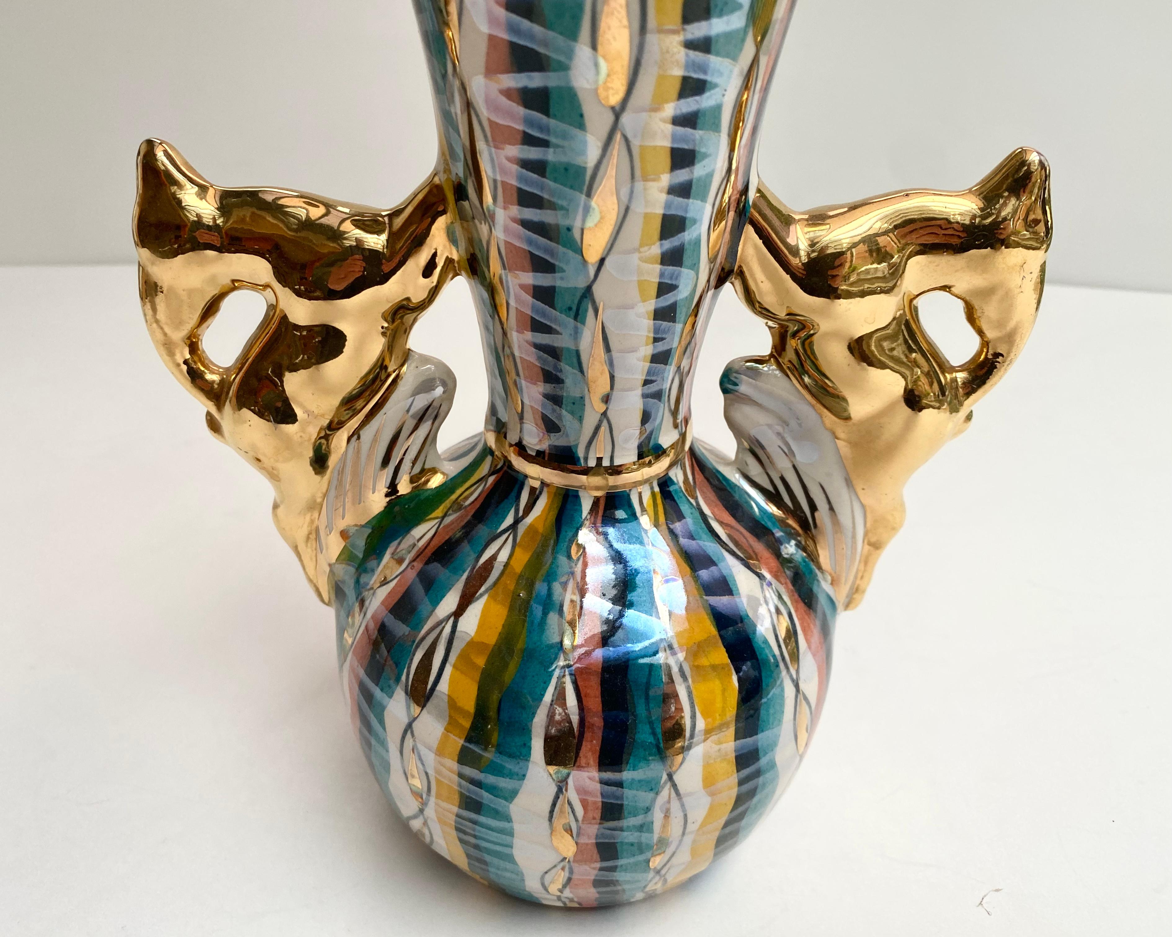 Vintage-Vase aus Keramik H.Bequet mit Hirschgeweihgriffen aus Hirsch, Belgien, 1960 (Mitte des 20. Jahrhunderts) im Angebot