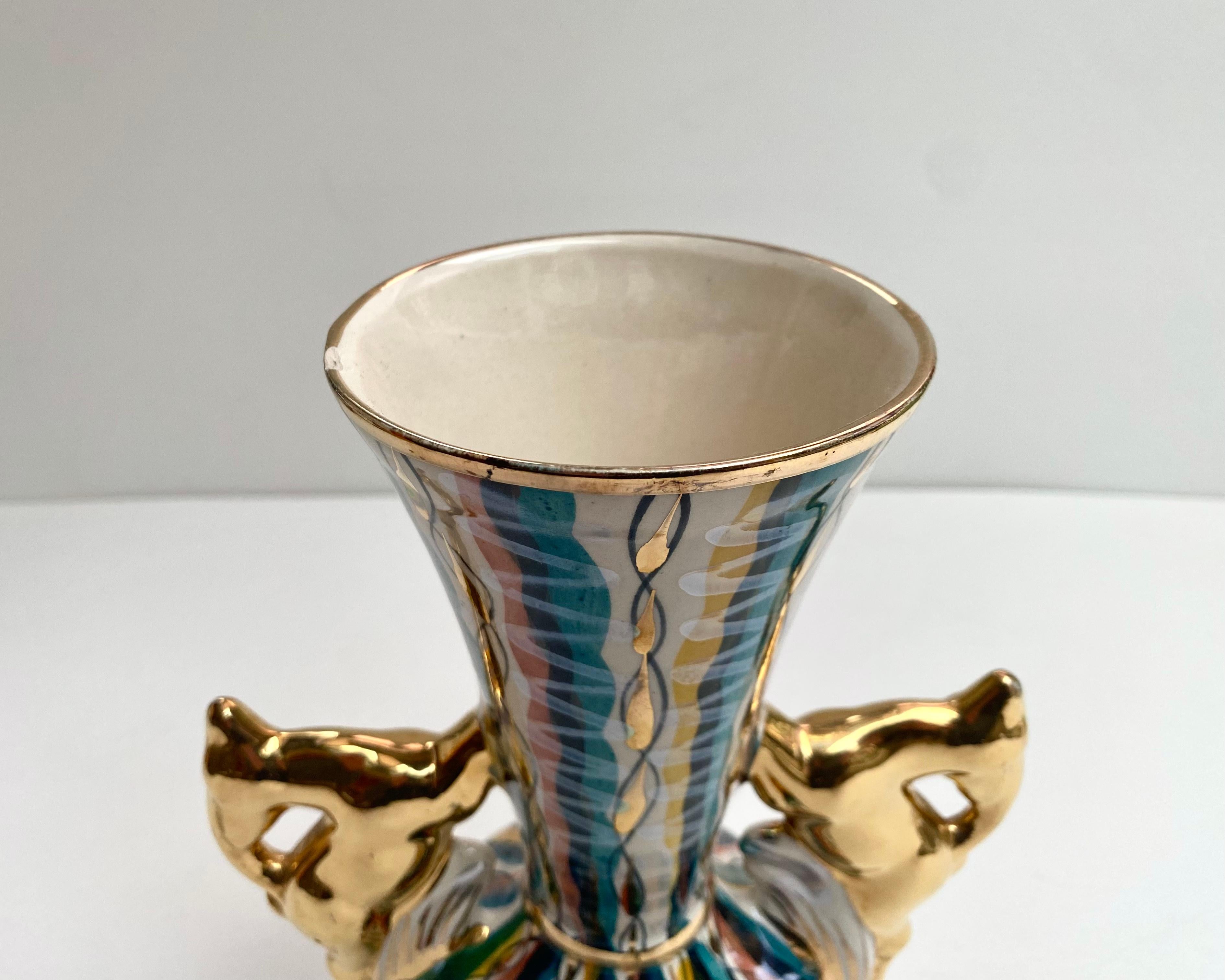 Vintage-Vase aus Keramik H.Bequet mit Hirschgeweihgriffen aus Hirsch, Belgien, 1960 (Porzellan) im Angebot