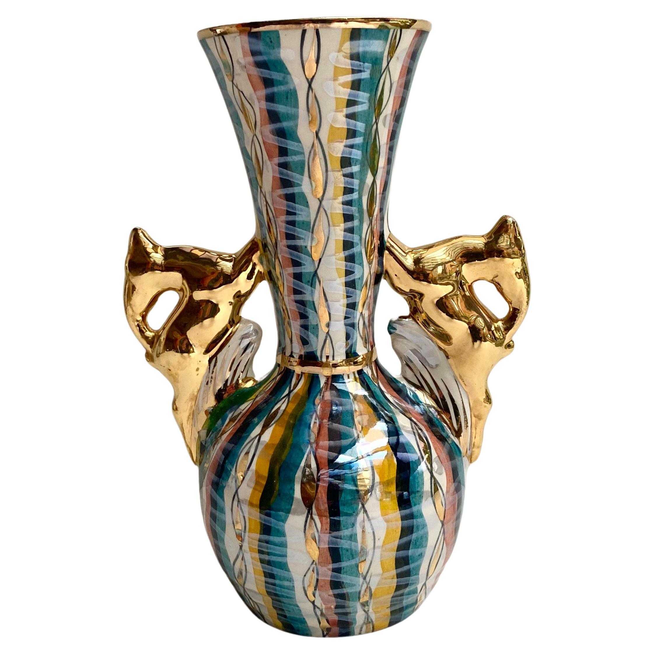 Vintage-Vase aus Keramik H.Bequet mit Hirschgeweihgriffen aus Hirsch, Belgien, 1960 im Angebot