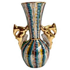 Retro Ceramic Vase H.Bequet Urn With Deer Stag Handles, Belgium, 1960