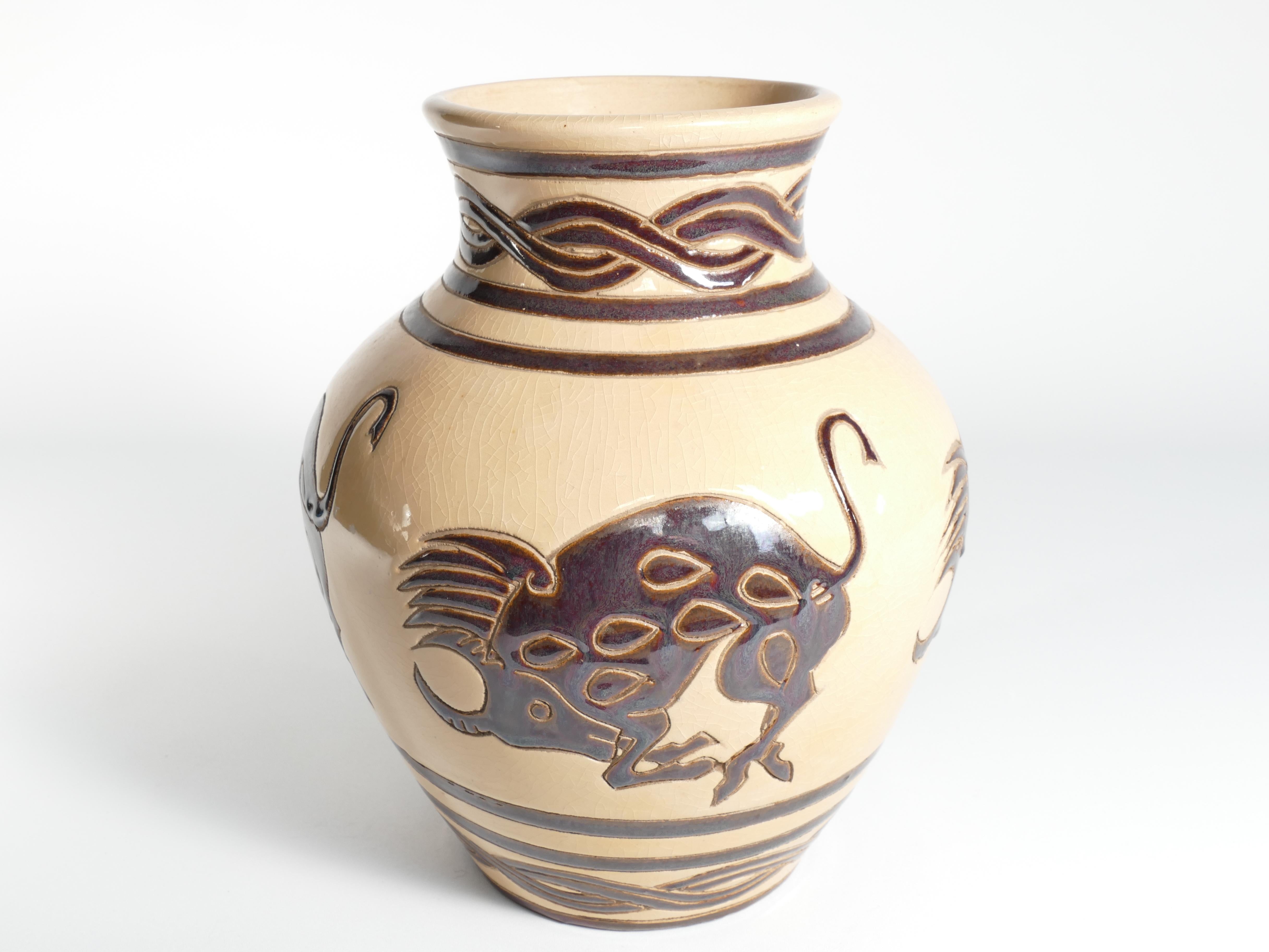 Vintage Ceramic Vase with Brown Bulls and Bands For Sale 4
