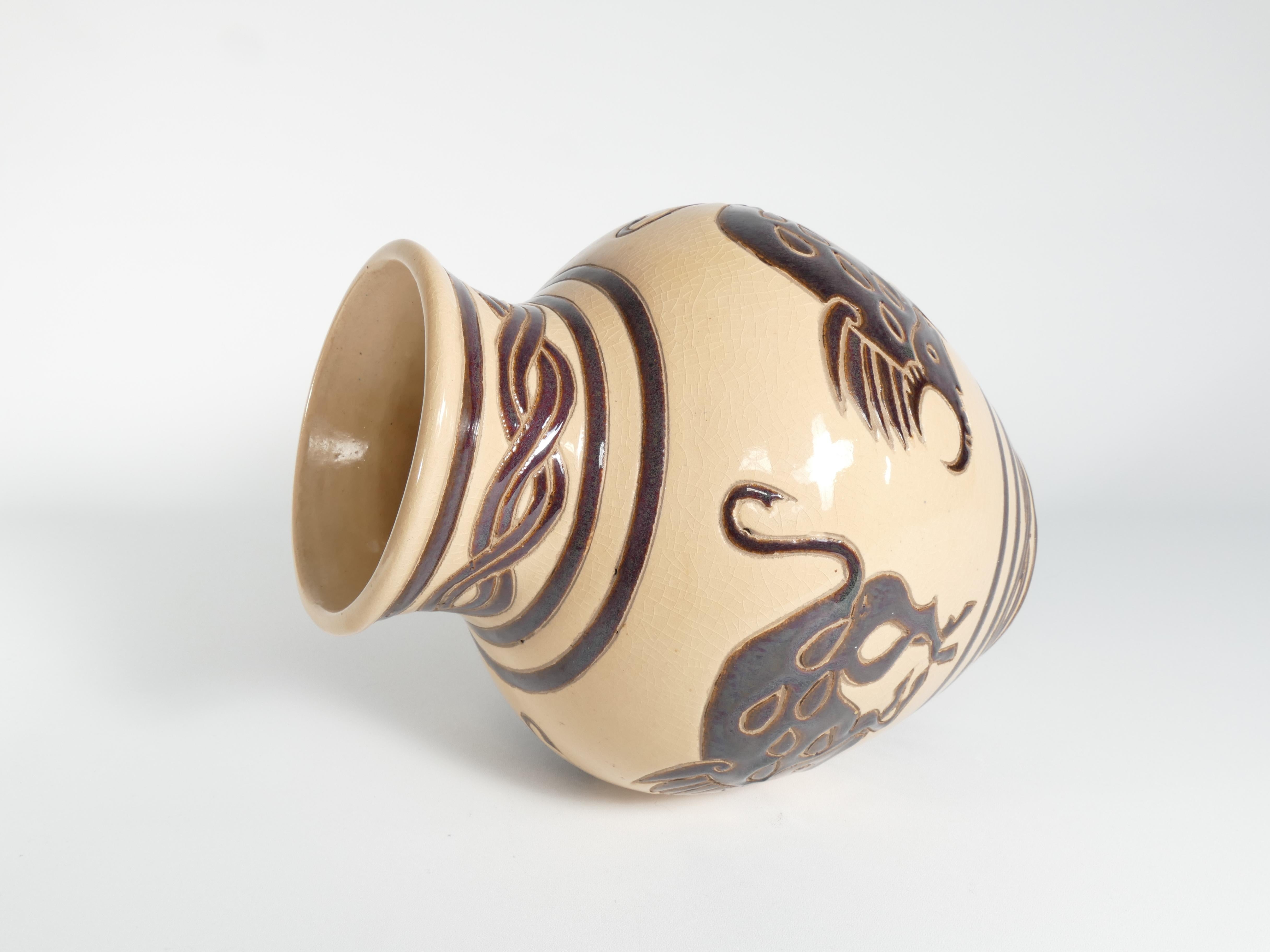 Glazed Vintage Ceramic Vase with Brown Bulls and Bands For Sale